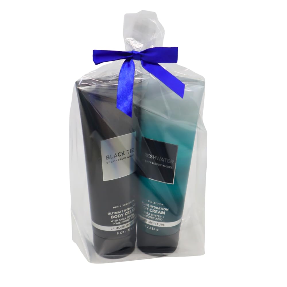 Bath & Body Works Men's Black Tie & Freshwater Hydrating Body Cream Gift Set - 2 x 8 oz Moisturizing Lotions with Blue Bow | Perfect for Holidays, Birthdays & Self-Care Routines