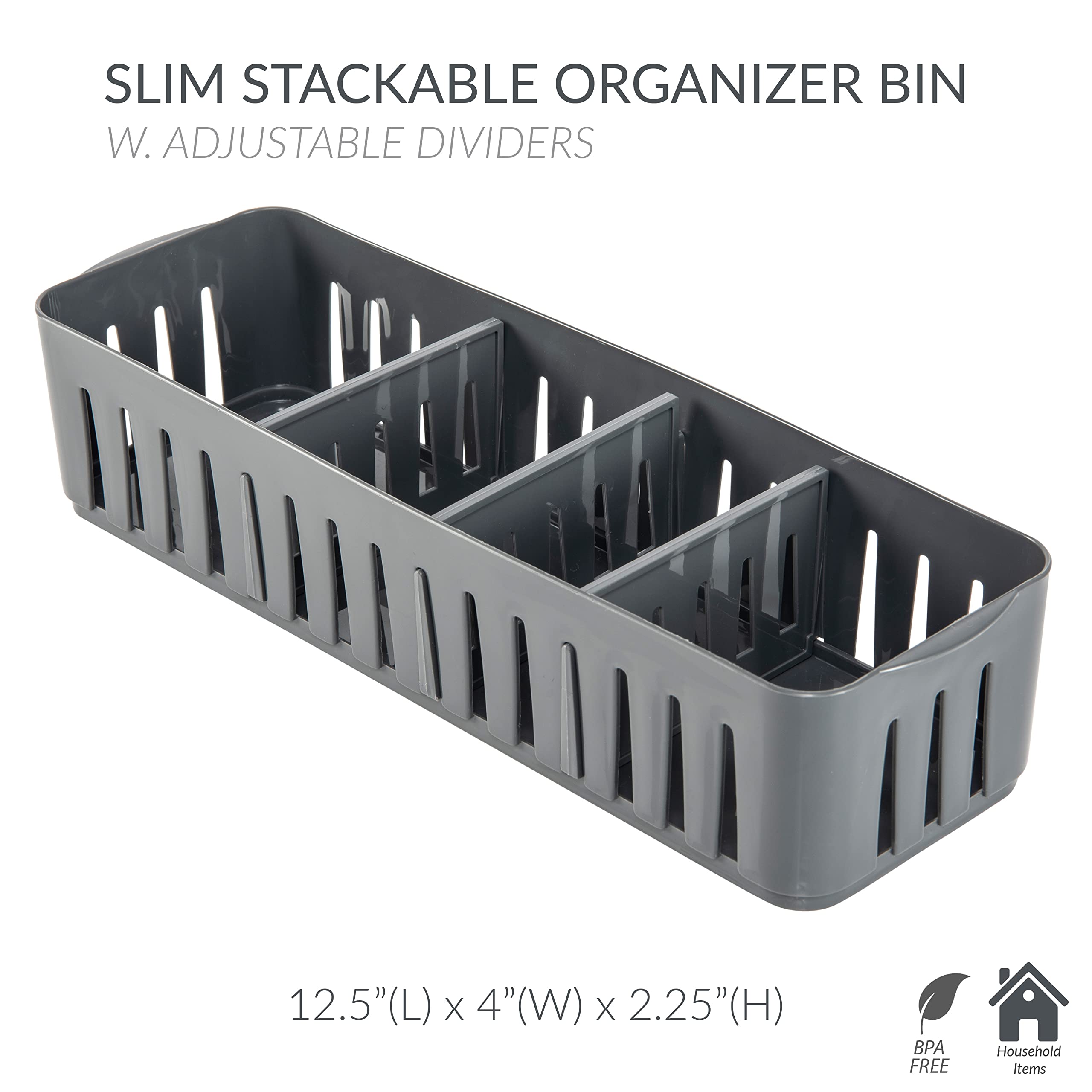 4-Compartment Stackable Storage Bin - Adjustable Dividers for Office, Bathroom & Dorm Organization
