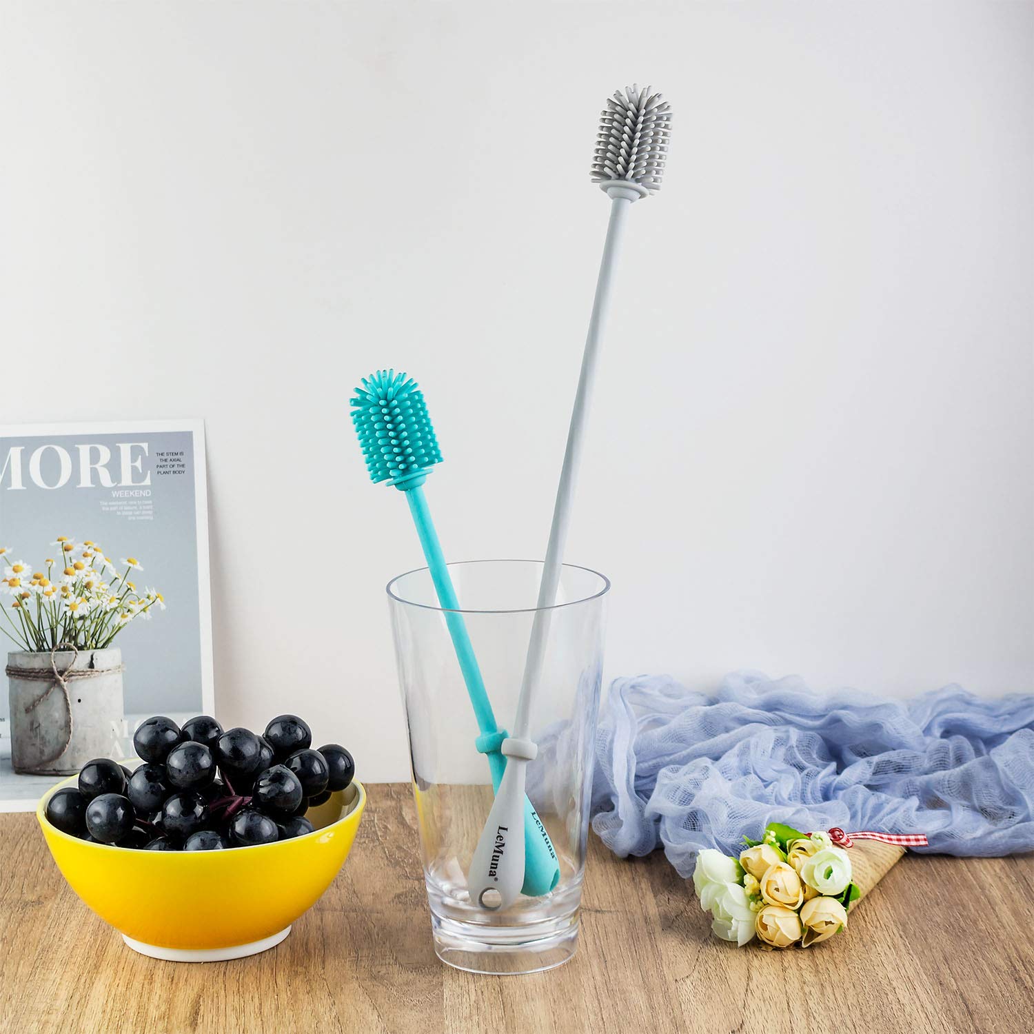 LeMuna Silicone Bottle Brush Set - Long Handle Water Bottle Cleaner with Straw Brush for Hydro Flask, Sports Bottles & Narrow Neck Containers | Perfect for Glassware, Baby Bottles & Travel Mugs Cleaning
