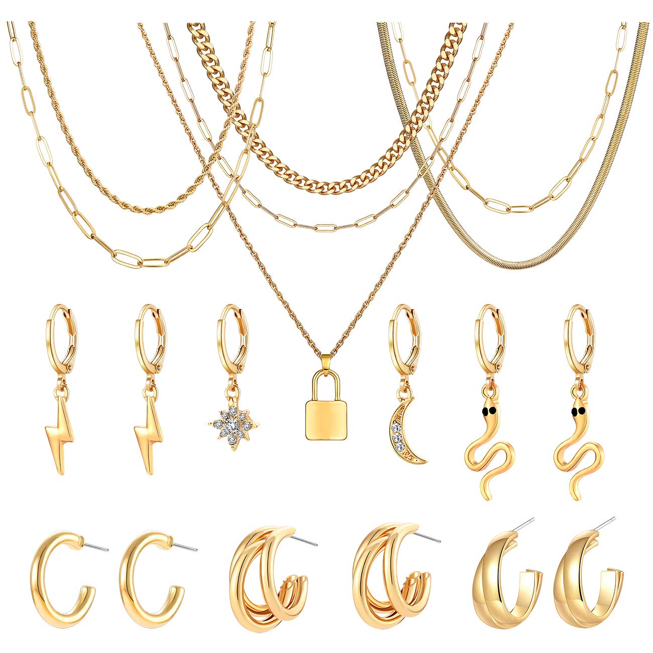 NVENF Women's Gold Chain Necklace & Earrings Set - Statement Snake Paperclip Link Choker & Twist Hoop Jewelry Gift for Birthday, Party, Wedding, Anniversary (Best Friend Gift Idea)