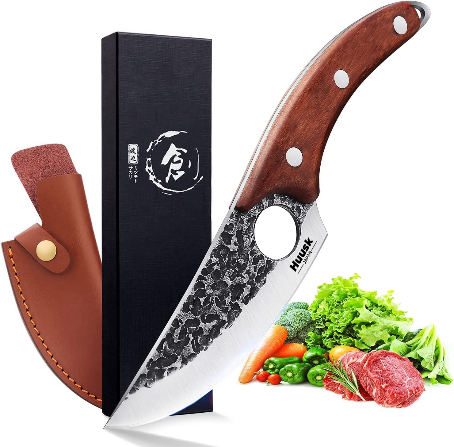 Premium Huusk Viking Chef Knife - Hand Forged Full Tang Boning Knife with Leather Sheath | Japanese Style Butcher & Meat Cleaver | Professional Kitchen & Outdoor Camping Knife | Perfect for Home Cooking, Hunting, and Survival Gear