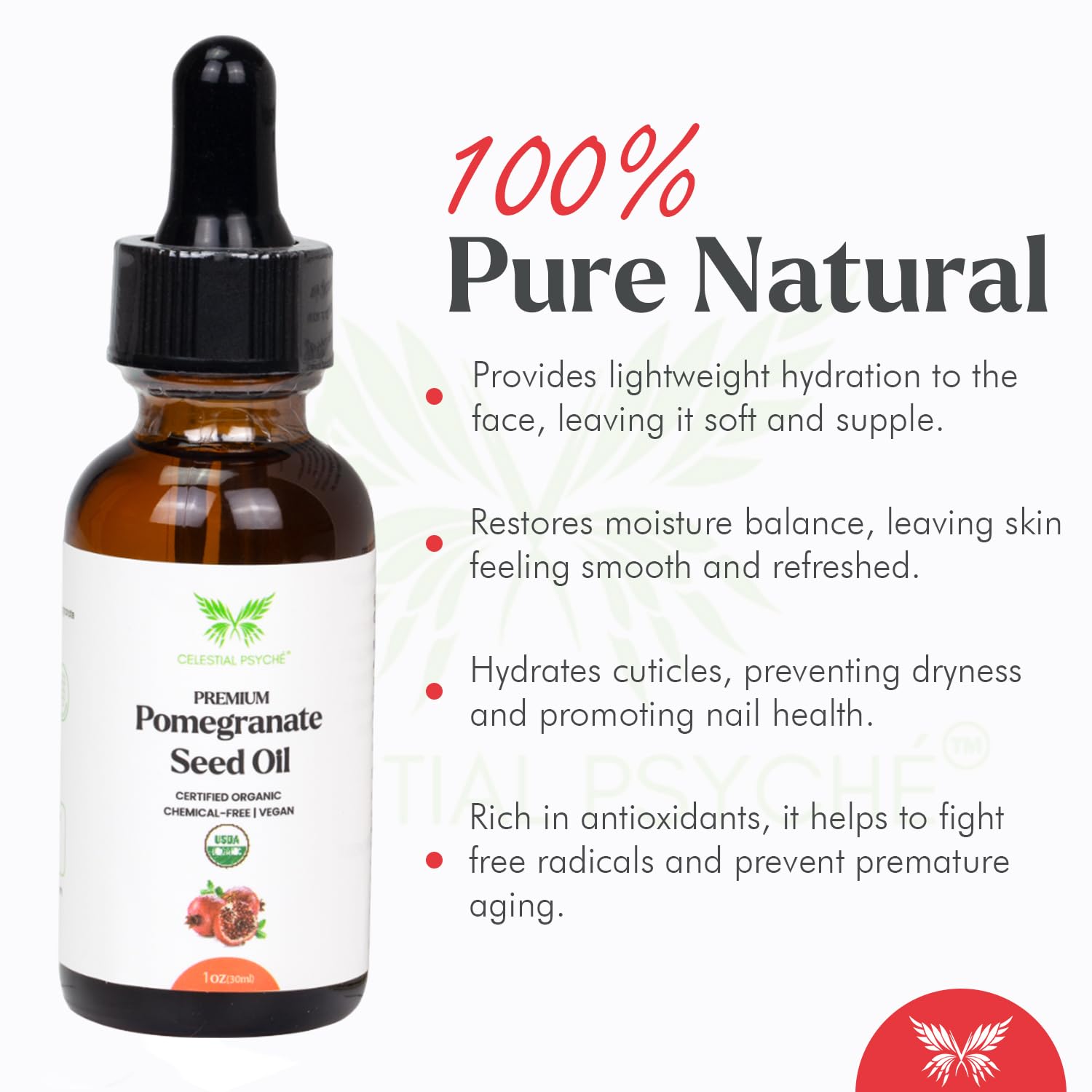 USDA Certified Organic 100% Pure Pomegranate Seed Oil (1 Oz) - Hexane-Free, Natural Face Moisturizer for Skin Hydration, Anti-Aging & Scar Relief | Nails Beauty Enhancement | Perfect for Dry Skin Care, Night Routine & DIY Beauty Treatments