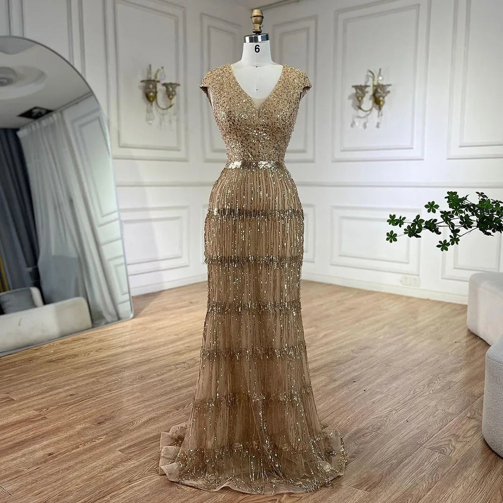 Luxury Dubai Arabic Mermaid Evening Gown with Gold Tassel Beading - Elegant Women's Wedding Party Dress 2025 (LA72581) | Perfect for Bridal Showers, Red Carpet Events & Formal Occasions