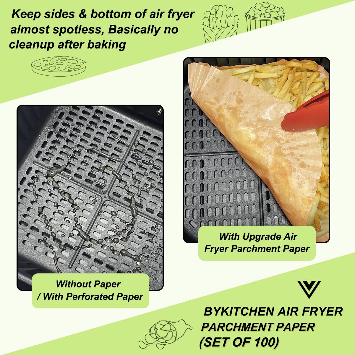 BYKITCHEN 100-Pack 9 Inch Unbleached Air Fryer Liners - Square Nonstick Parchment Paper for COSORI, Ninja, Tower - Perfect for Easy Cleanup & Healthy Cooking