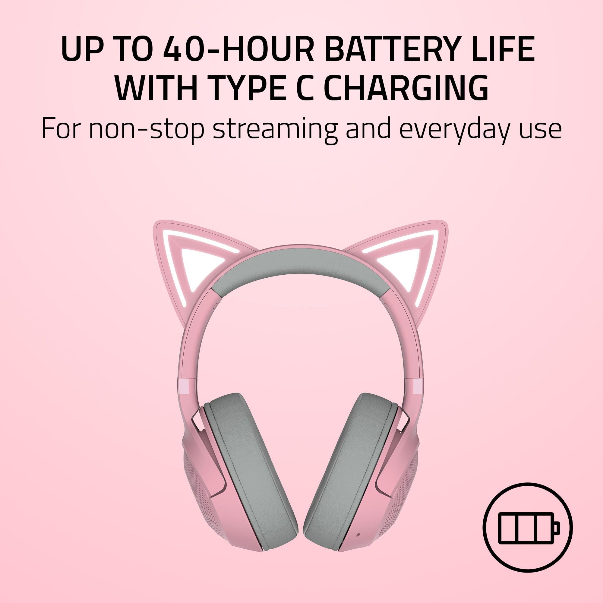 Razer Kraken Kitty V2 BT Wireless RGB Gaming Headset with Chroma Lighting - Bluetooth 5.2, 40mm Drivers, Noise Cancelling Mic - Lightweight Design, 40-Hour Battery, USB-C Charging (Quartz Pink) - Perfect for PC Gaming, Streaming & Mobile Use