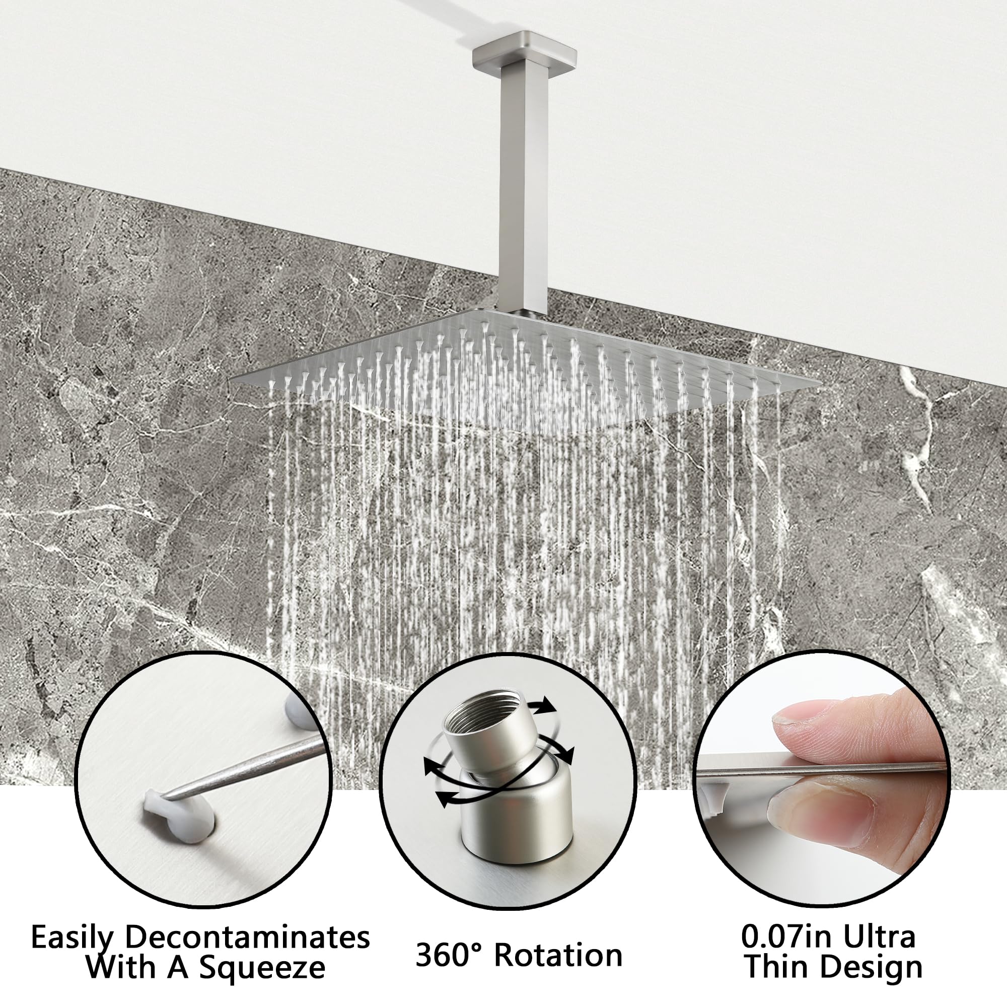 SKWOLL Brushed Nickel Shower Faucet Set - 12 Inch Ceiling Mount Rain Shower Head with Digital LCD Display & 2-Function Valve Kit | Modern Bathroom Upgrade for Spa-Like Experience