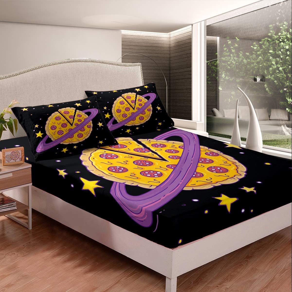 3D Abstract Pizza Planet Starry Sky Full Size Sheet Set - 3 Piece Luxury Bedding Set with Fitted Sheet & 2 Pillowcases - Soft & Breathable for Comfortable Sleep - Perfect for Kids Rooms, Dorm Decor, and Space Themed Bedrooms