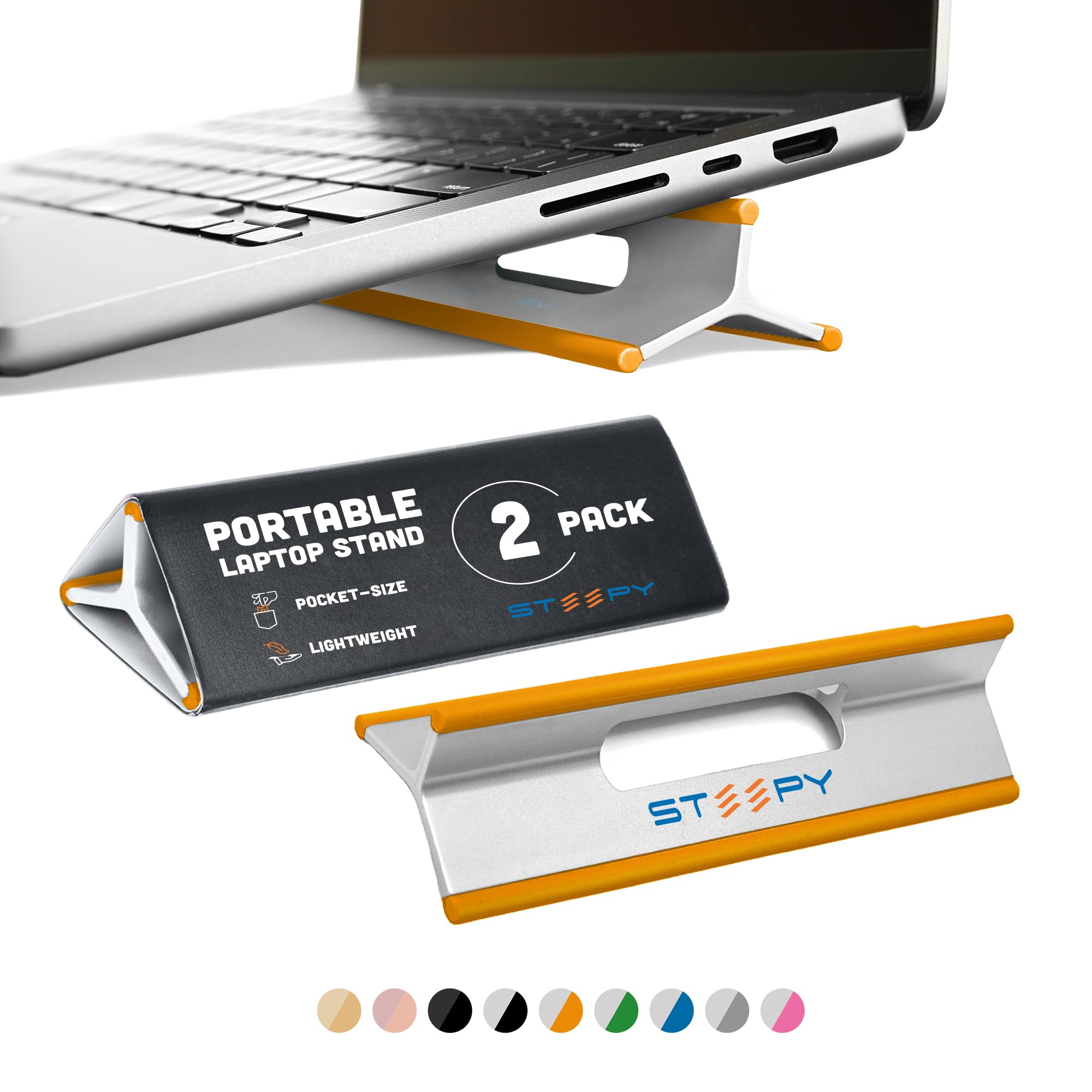 Steepy Low Profile Laptop Stand – 3 Adjustable Heights, Lightweight Plastic Laptop Riser – Orange Laptop Wedge & Tilt Stand for Desk, Home, Office, and Travel (2 Pack)