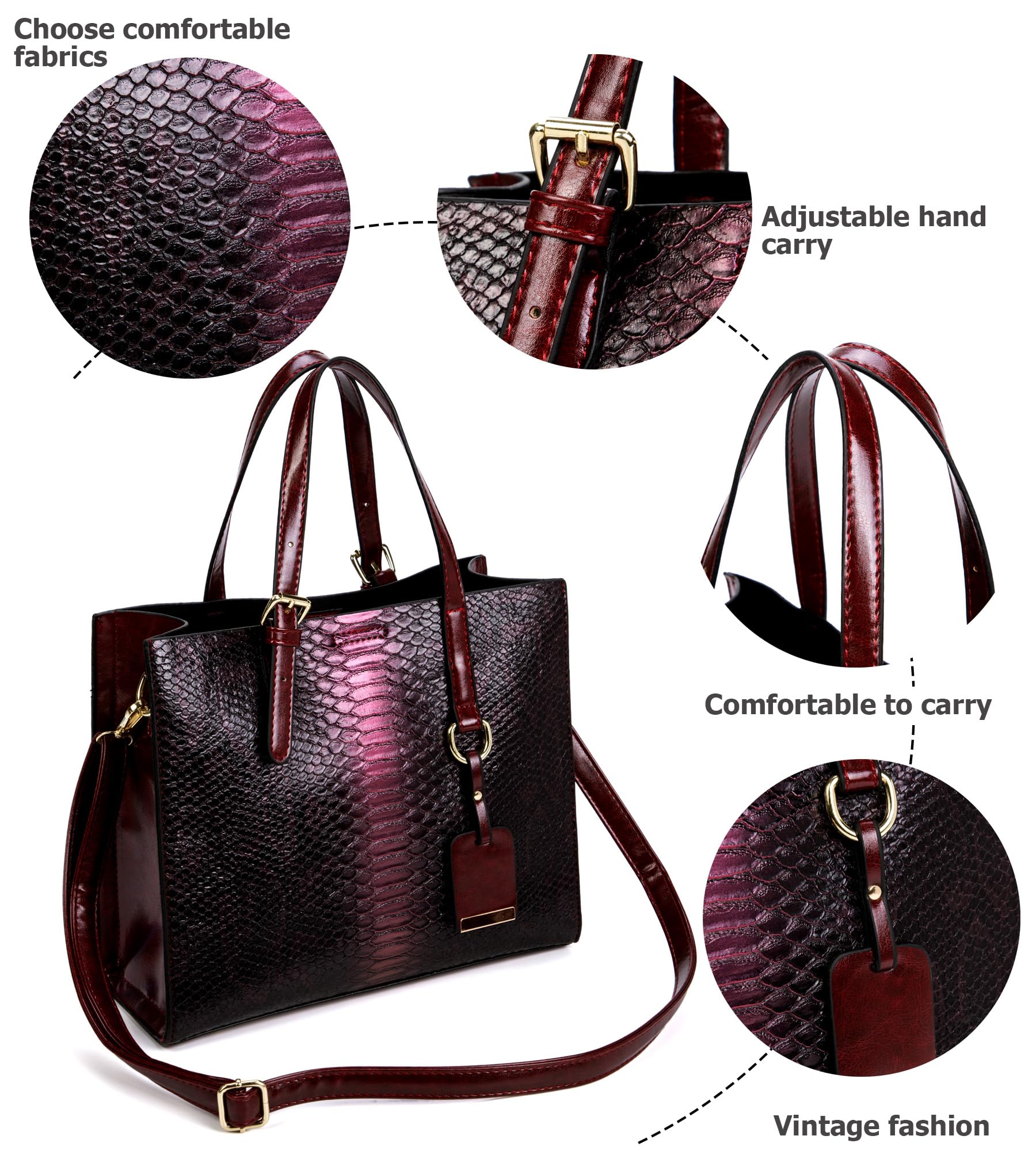 KingTo Women's Crocodile Pattern Leather Satchel Handbag Set - 3 Piece Stylish Tote & Shoulder Bag Purse for Work, Travel & Daily Use