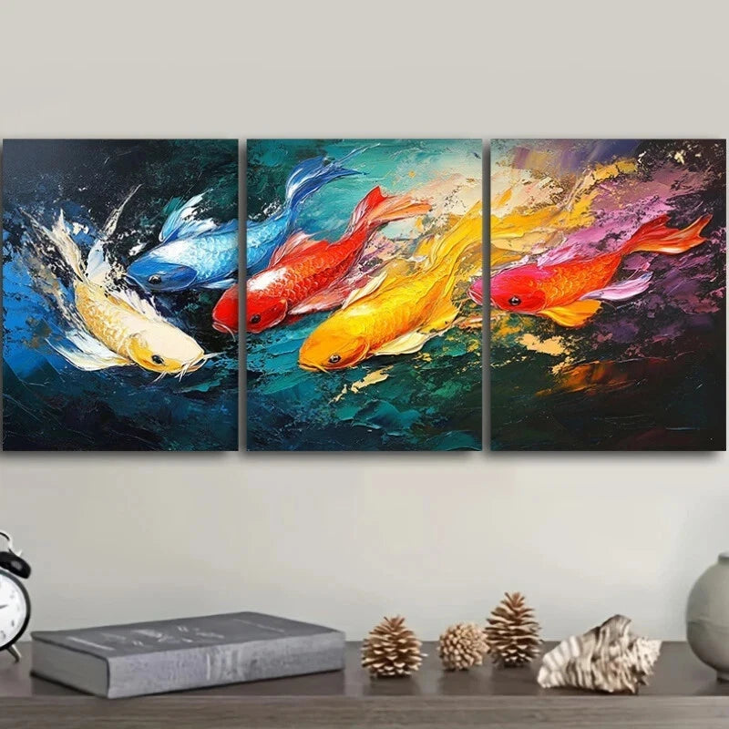 3-Piece Abstract Colorful Fish Metal Wall Art - Red, Blue & Gold - Ready to Hang - Modern Home & Office Decor for Living Room, Bedroom, Bathroom