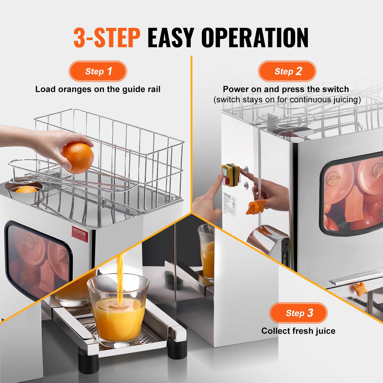 VEVOR Commercial Orange Juicer Machine - 120W Automatic Juice Extractor, Stainless Steel Orange Squeezer (20 Oranges/Min) with Pull-Out Filter Box & 2 Peel Buckets - Perfect for Restaurants, Juice Bars & Catering Services