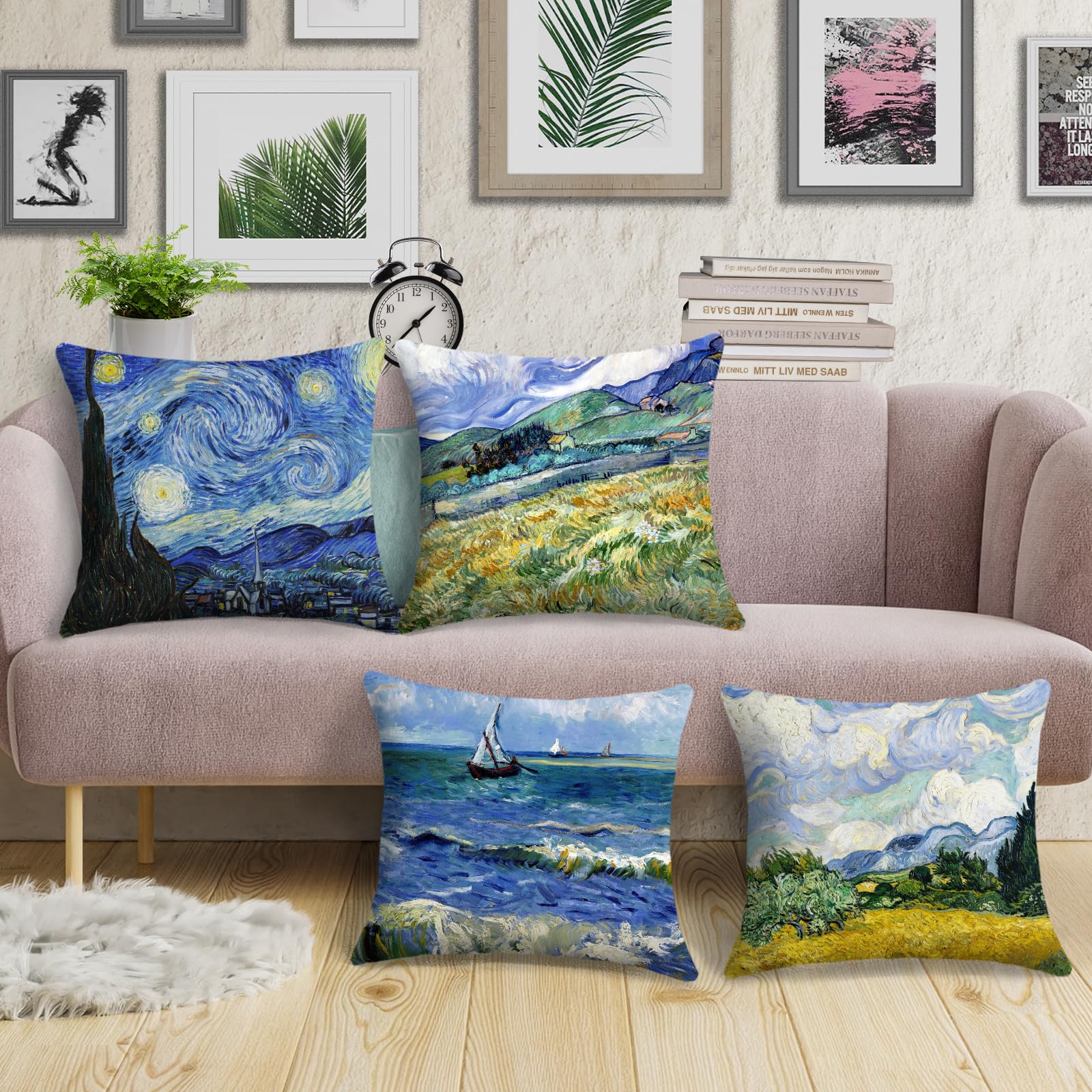 Van Gogh Starry Night Pillow Covers Set of 4 - 16x16 Inch Square Decorative Cushion Covers for Sofa, Couch & Bed - Inspired by Sea Starry Night Art Design (40x40 cm) - Perfect for Living Room, Bedroom & Home Decor