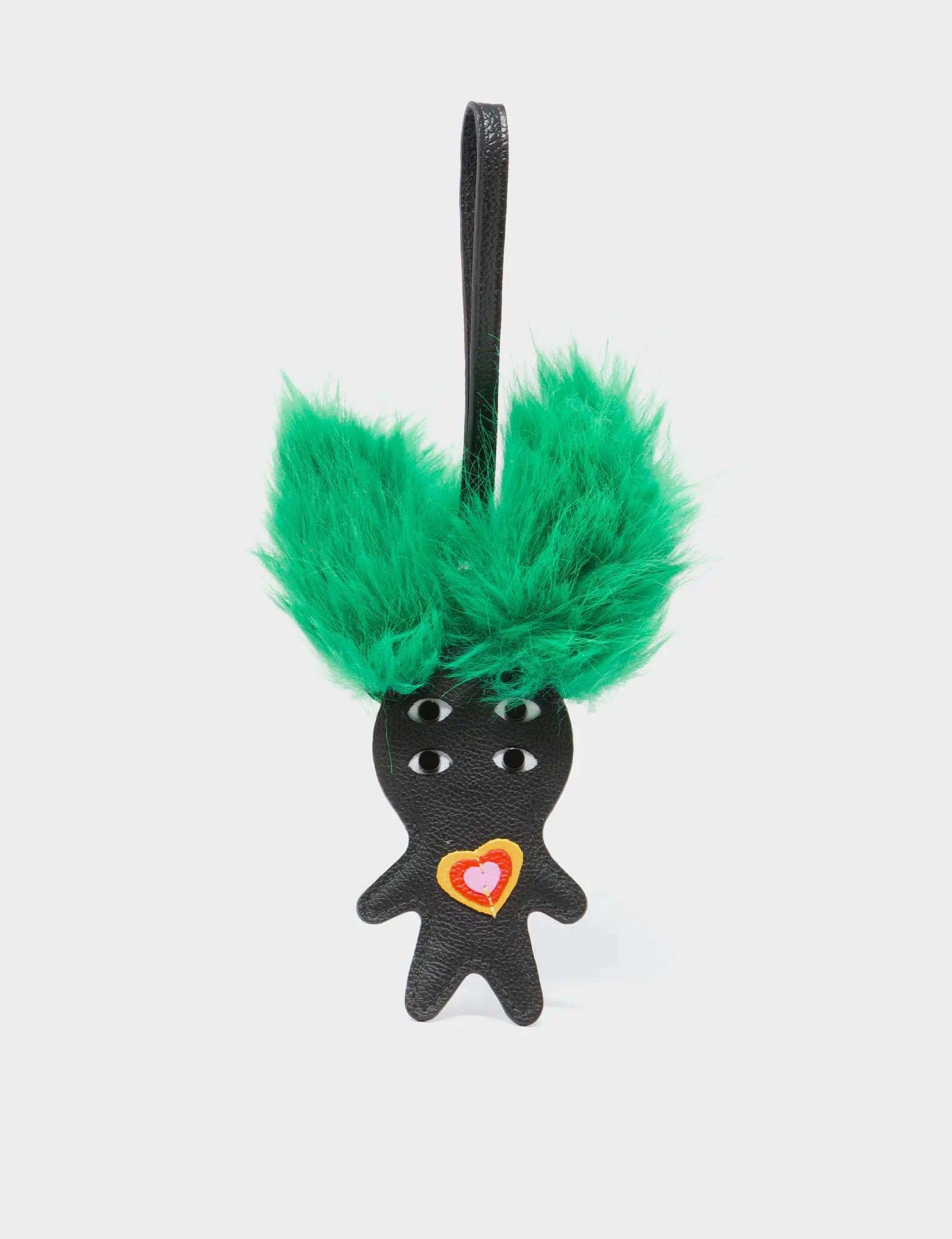 Fluffy Fella Black & Green Leather Bag Charm - Cute Keychain Accessory for Handbags, Backpacks & Luggage | Perfect Gift for Women & Girls