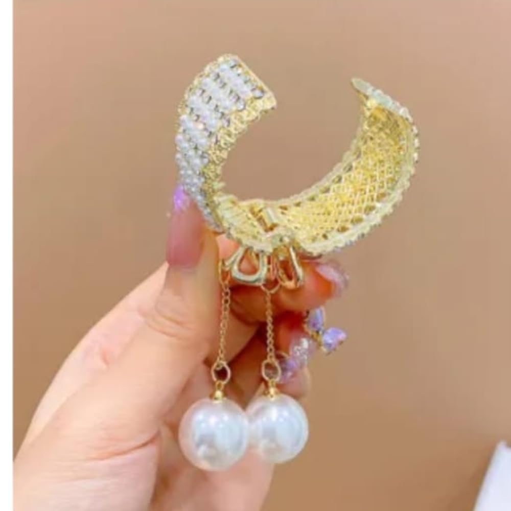 Elegant Pearl Rhinestone Hair Clip for Women - Sparkly Metal Spring Ponytail Holder Barrette Accessories (1 Pack, Medium Size) - Perfect for Weddings, Parties & Everyday Hairstyles
