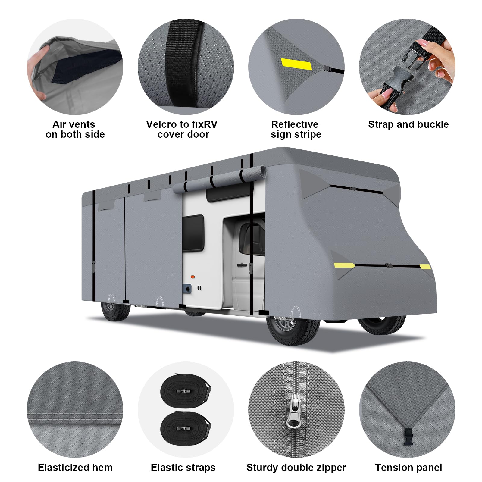 Heavy Duty Class C RV Cover - 7-Layer Waterproof, Anti-UV, Windproof Protection for 32-35ft Motorhomes | Includes 2 Extra Straps & Repair Patches | Perfect for Winter Storage & Outdoor Camping Protection