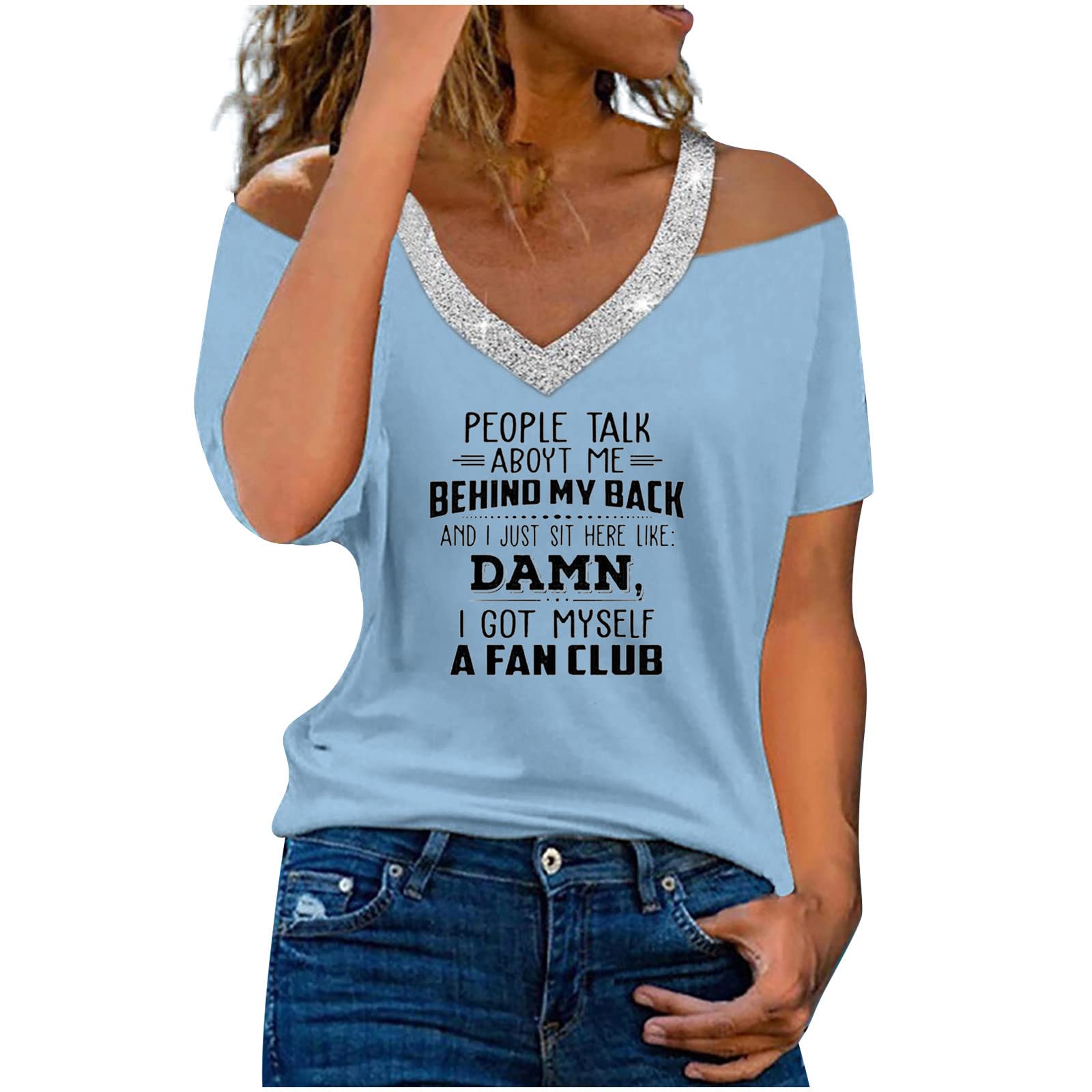 Women's Sequin Letter Print V-Neck Cold Shoulder T-Shirt - Summer Casual Blouse & Basic Top for Party, Beach, and Everyday Wear