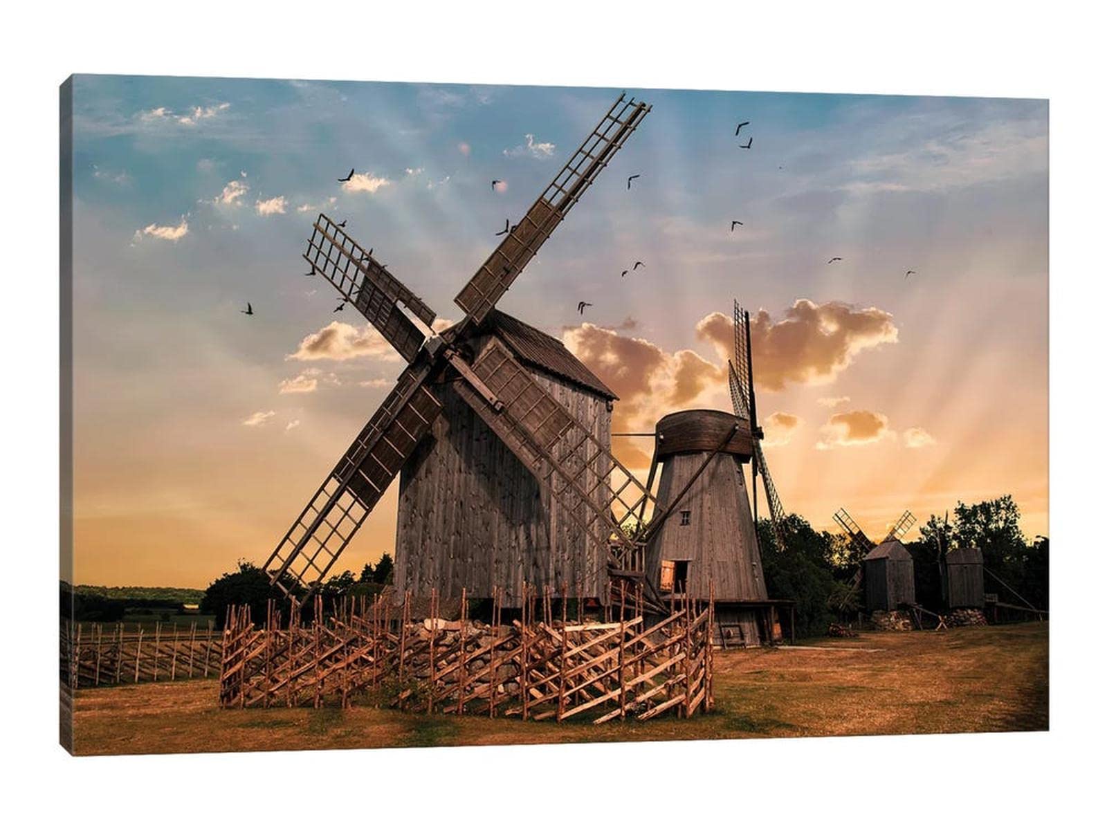 Farmhouse Barn Canvas Wall Art - Vintage Windmill & Rustic Landscape Painting, Country Truck Framed Artwork (28
