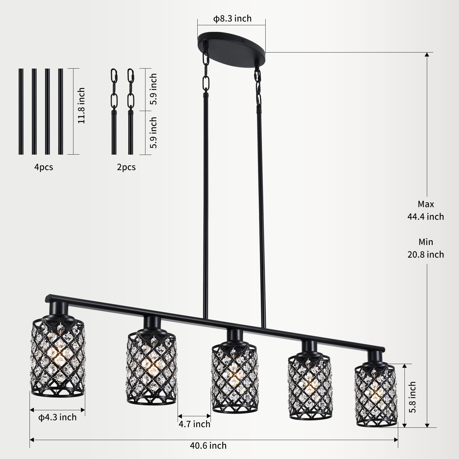 5-Light Black Linear Chandelier with Handmade Crystal Shade - Modern Kitchen Island Lighting & Dining Room Pendant Fixture for Tables | Perfect for Farmhouse, Contemporary Kitchens & Dining Areas