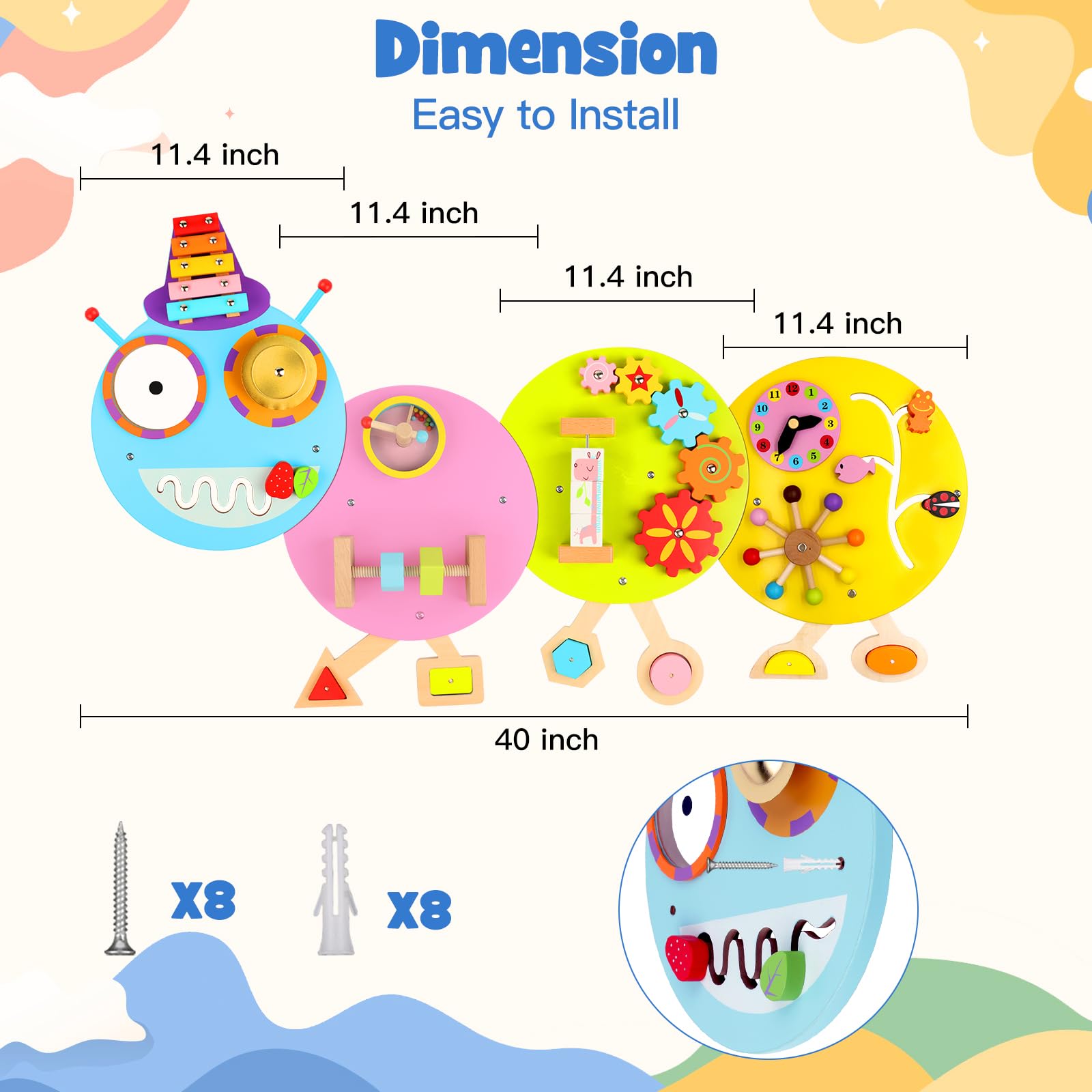 Caterpillar Sensory Wall Toy for Toddlers - 12-Activity Montessori Busy Board, Wall-Mounted Educational Toy for Daycares & Bedrooms - Perfect for Sensory Play & Early Learning