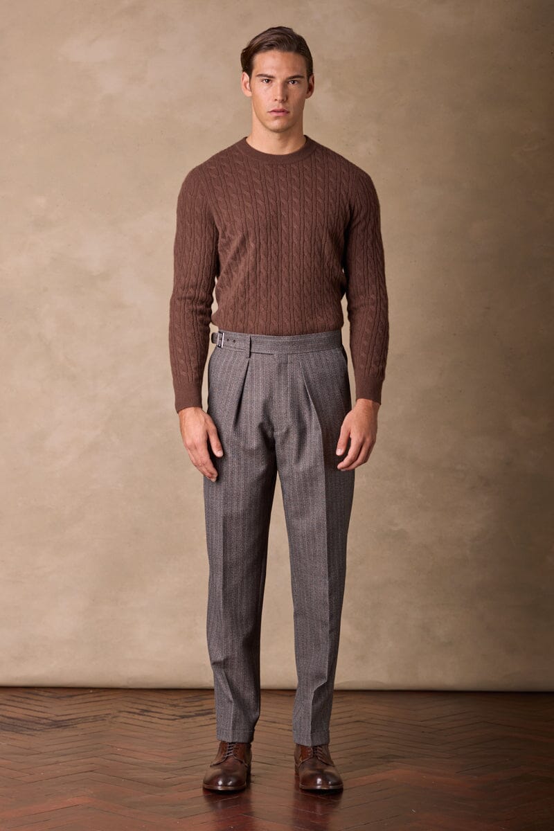 Premium Brown Cashmere Cable Knit Crew Neck Sweater for Men - Soft & Warm Winter Pullover for Office, Dating & Casual Outfits