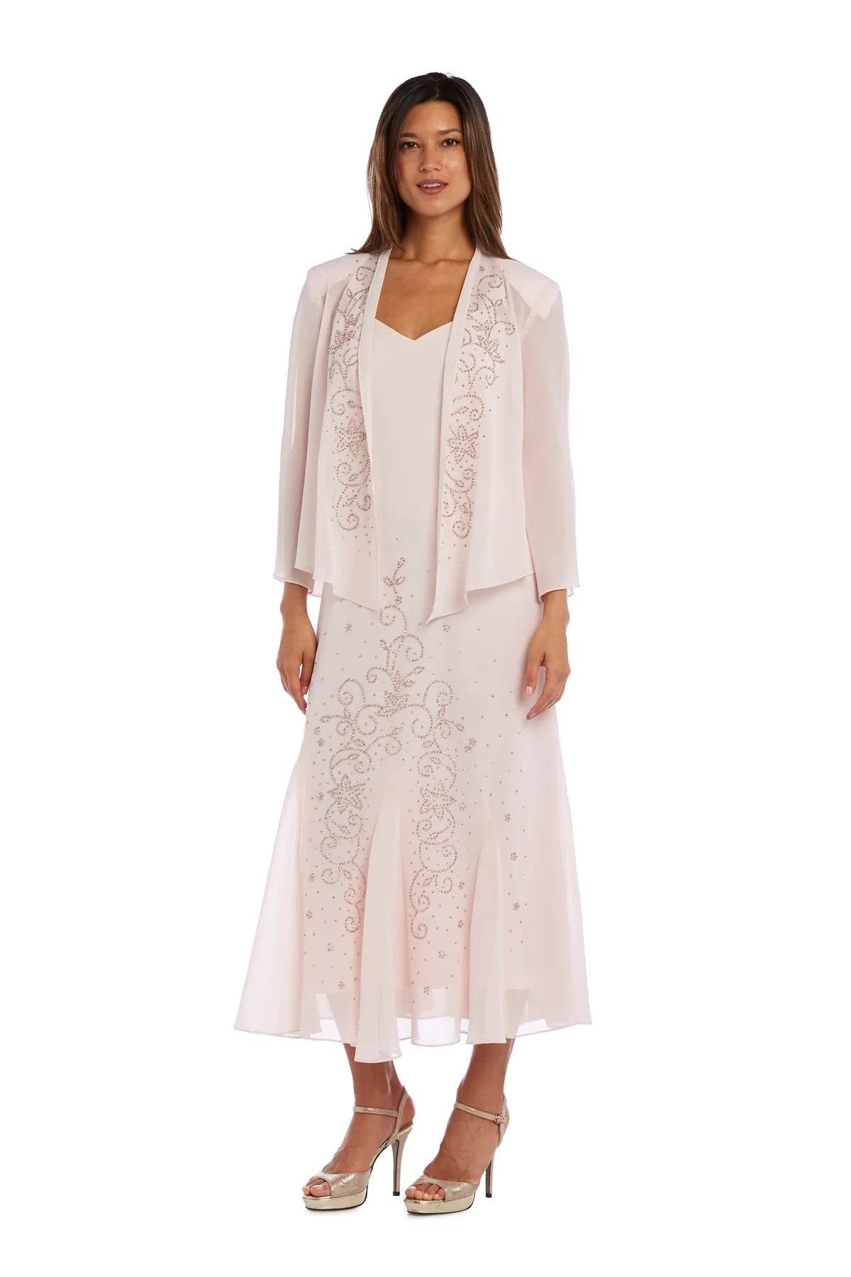R&M Richards Women's Elegant Chiffon Beaded Dress with Matching Jacket - Perfect for Evening Parties, Weddings & Special Occasions