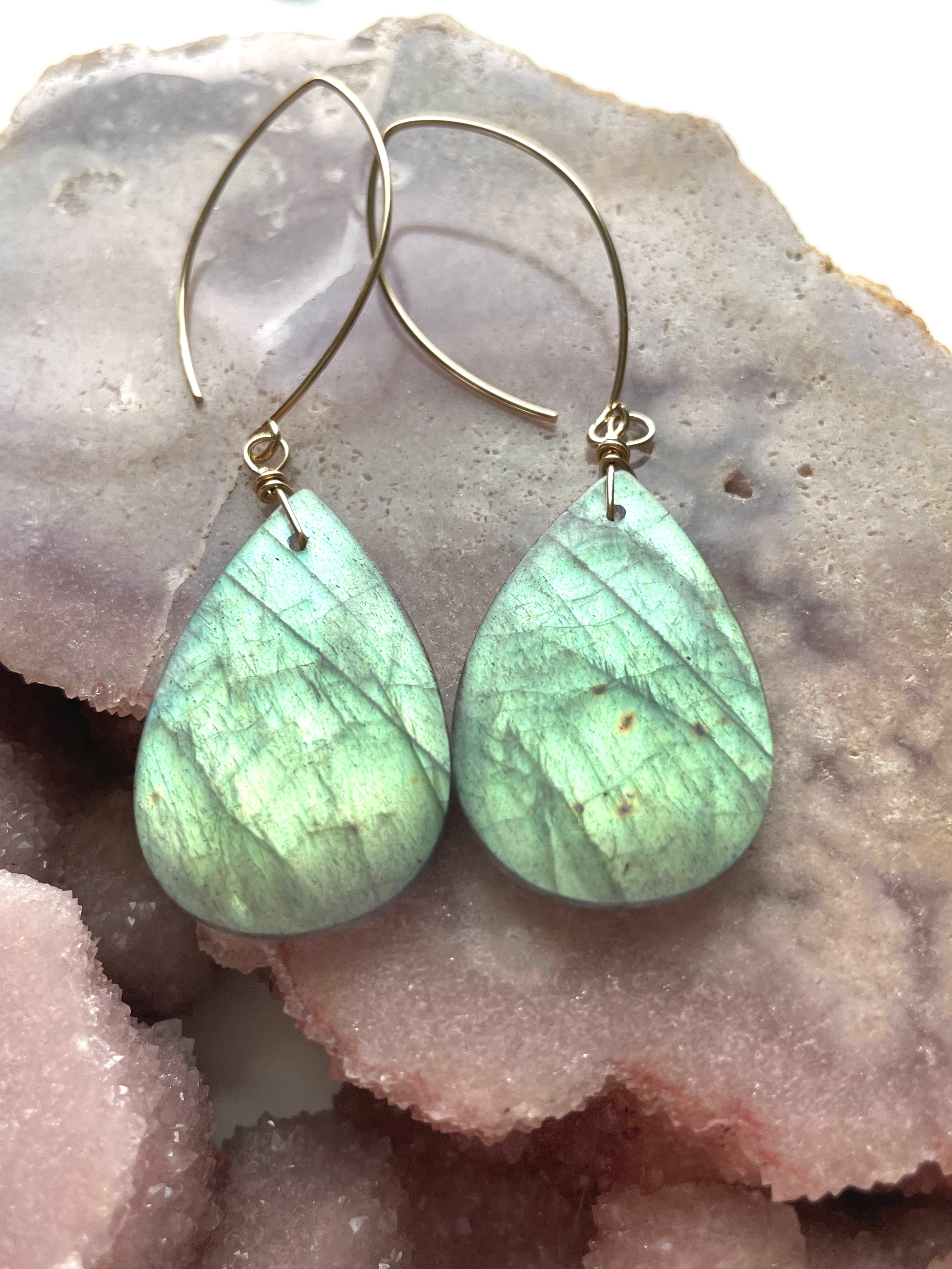 Labradorite Crystal Drop Earrings - 14K Gold Plated Dangle Earrings for Women | Elegant Boho Jewelry for Parties, Weddings & Everyday Wear