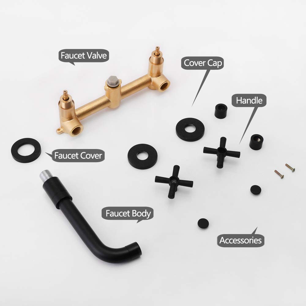 Copper Cross Handle Wall Mount Bathroom Sink Faucet - Matte Black Mixer Tap with Casting Faucet Valve (Model DR-4831B) for Modern Bathroom, Powder Room, and Guest Bath Decor