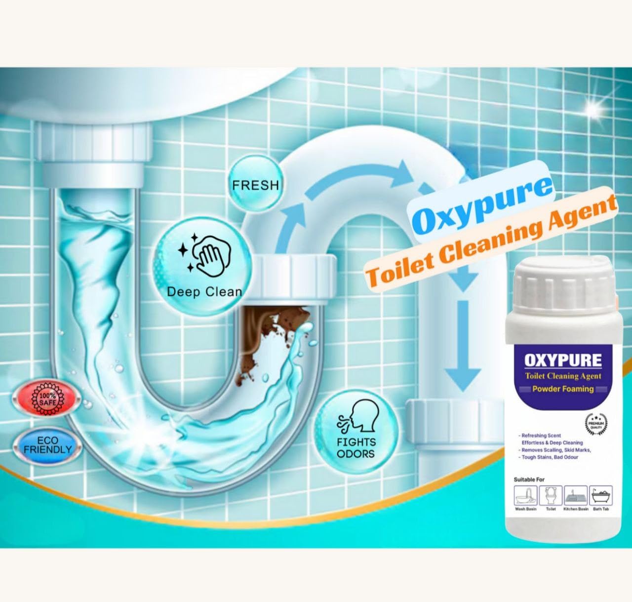 ShineBrew Advanced Oxypure Concentrated Toilet Cleaner | Powerful Oxygen Bleach Toilet Bowl Cleaner | Antibacterial, Deodorizing & Stain Remover | Foaming Bathroom Cleaner for Toilets, Sinks & Tubs (1) - Ideal for Deep Cleaning, Removing Tough Stains & Eliminating Odors in Home & Commercial Restrooms