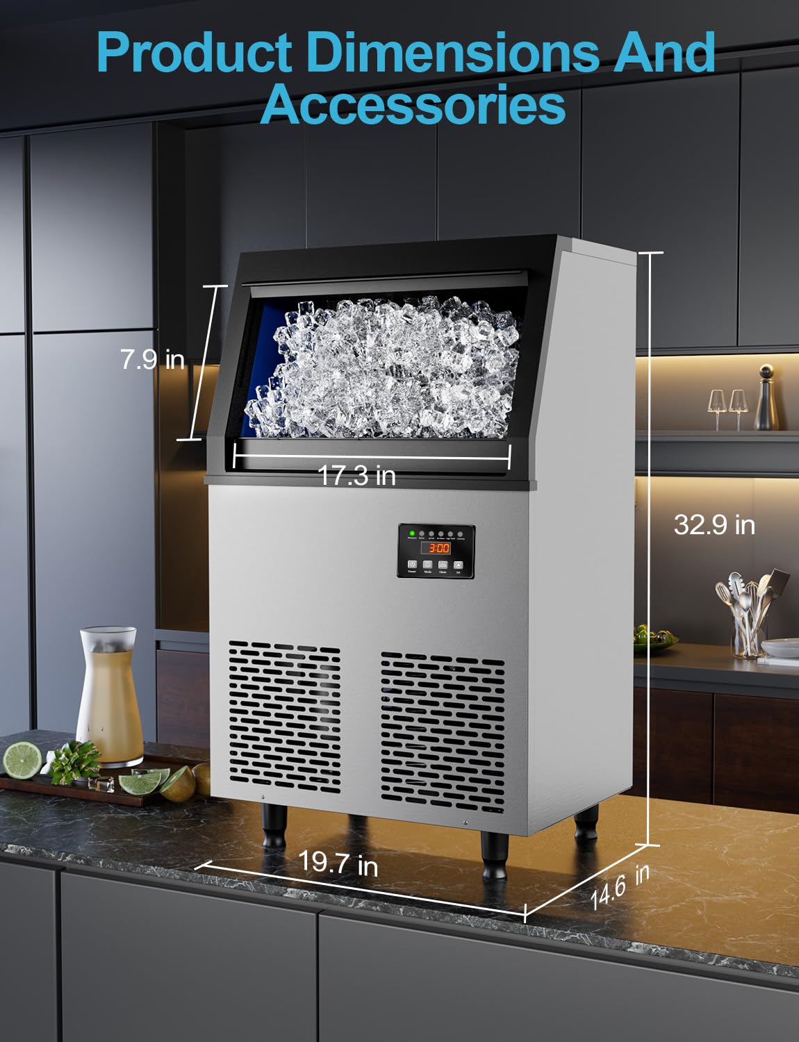 Commercial Ice Maker Machine 100lbs/24H, 34lbs Storage Capacity - Fast Ice Production (45 Cubes in 6-15 Min) - Freestanding Ice Machine for Bars, Restaurants, Offices & Home Use - Perfect for Cocktails, Beverages & Party Events