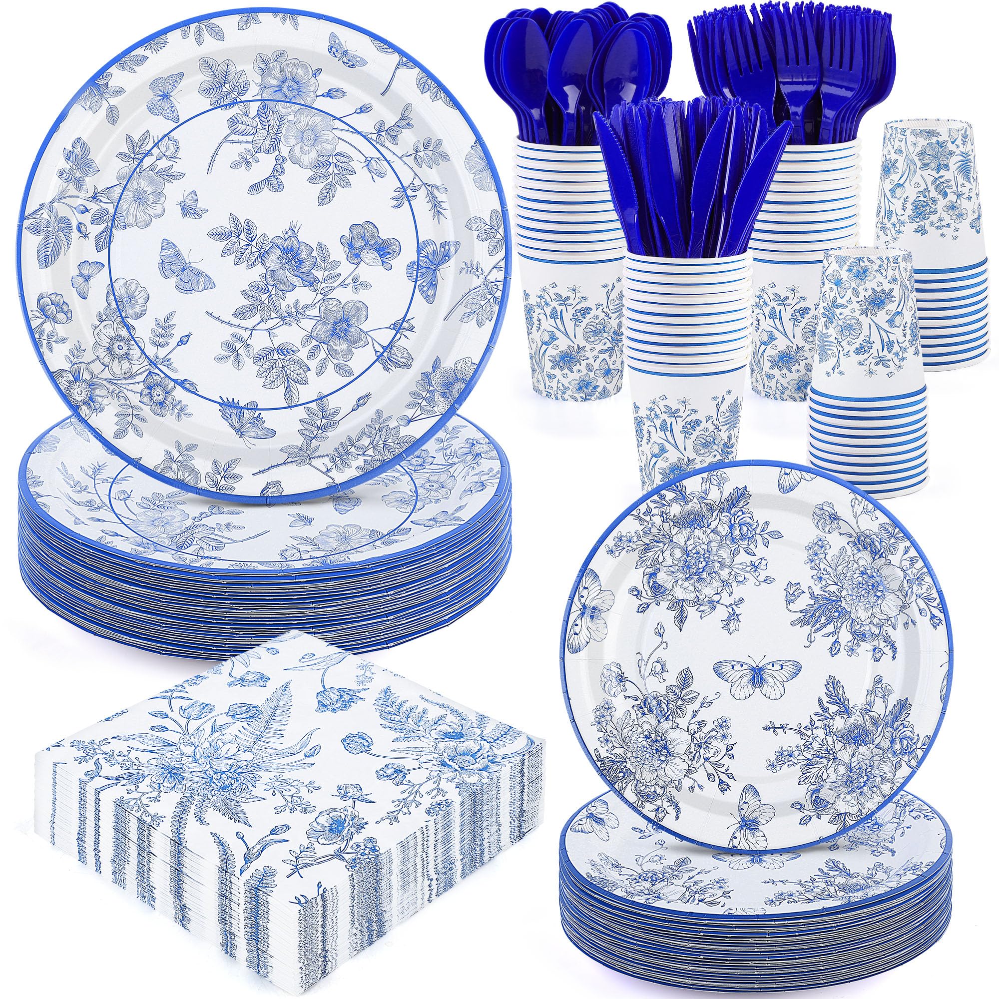 350-Piece Blue & White Floral Disposable Party Tableware Set - 7 & 9 Inch Elegant Paper Plates, Napkins & Cups for Wedding, Baby Shower, Birthday - Chinoiserie Decor (Serves 50) - Perfect for Garden Parties, Bridal Showers & Vintage-Themed Events