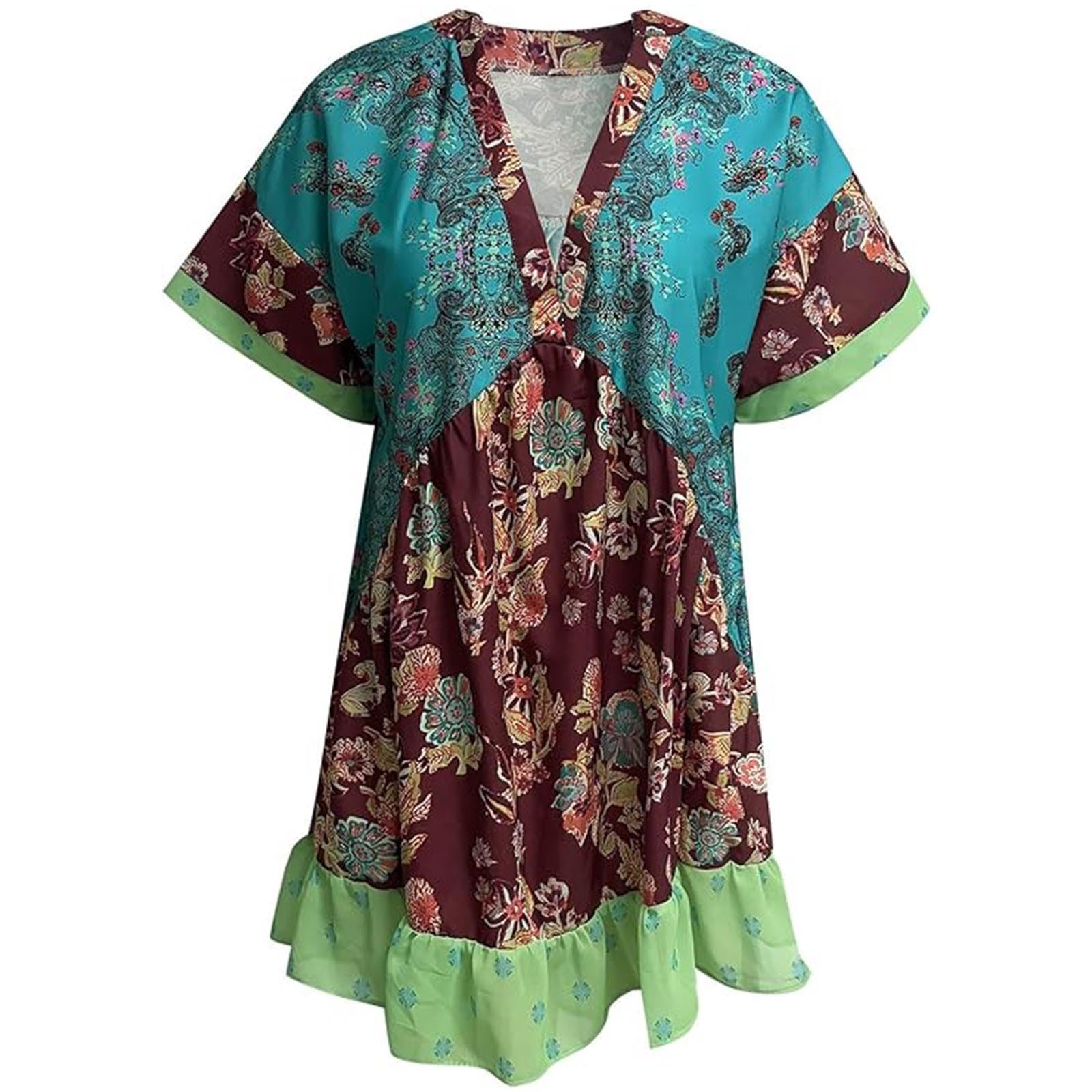 Boho Summer Dresses for Women 2024 - Short Sleeve Mini Dress with V Neck & Oversized Striped Print - Perfect for Beach Vacations, Music Festivals and Casual Outings