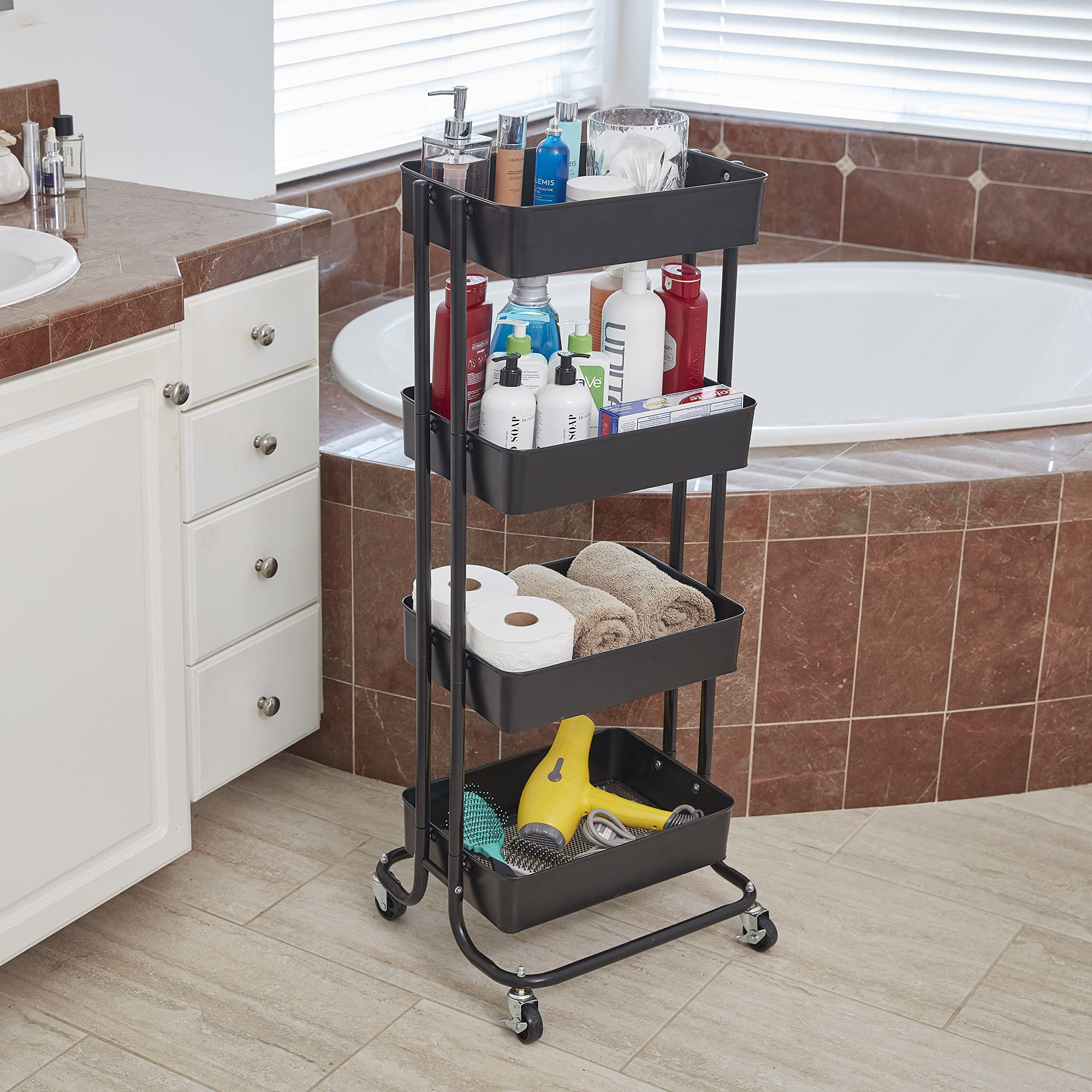 ECR4Kids 4-Tier Metal Rolling Utility Cart with Wheels - Black Multipurpose Storage Organizer for Kitchen, Office, Classroom, Craft Room & Home Organization