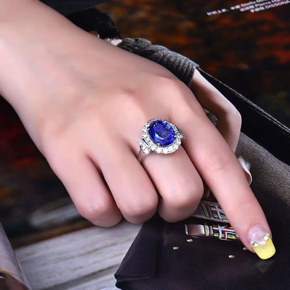 100% Natural Blue Tanzanite Oval Cut 18K White Gold Diamond Ring for Women - Elegant Engagement, Wedding & Anniversary Jewelry Gift