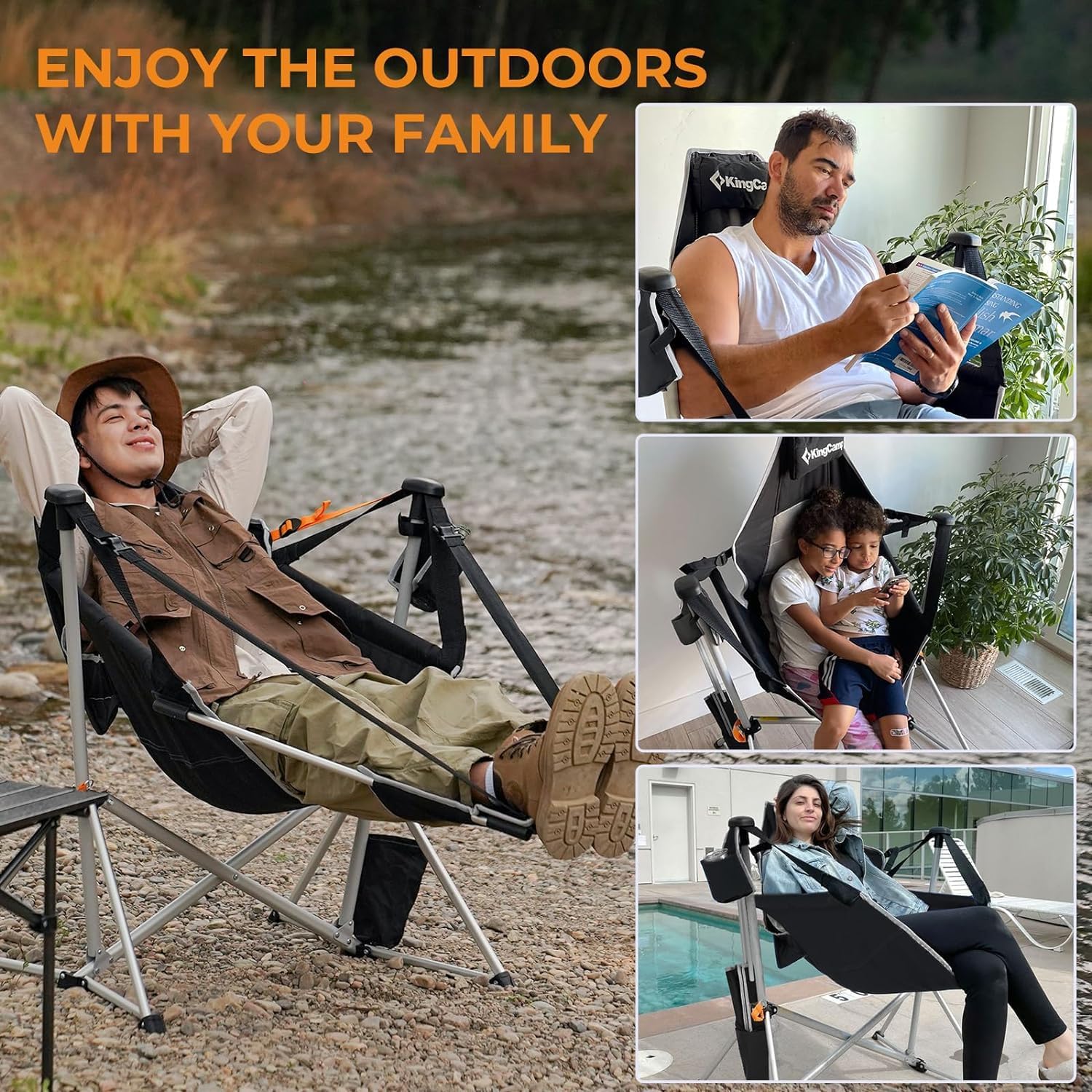 KingCamp Oversized Folding Camping Chair - Portable Hammock Rocking Chair with Adjustable Back, Removable Footrest & Cup Holder - Perfect for Outdoor, Beach, Lawn, Camping & Backyard Relaxation