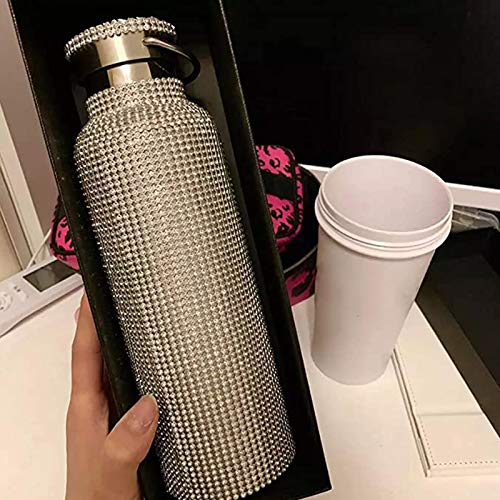 Sparkling Rhinestone Insulated Water Bottle - Bling Diamond Stainless Steel Double Wall Vacuum Thermos with Chain - 750ML Leakproof Travel Tumbler for Women, Gym, Office & Outdoor Activities