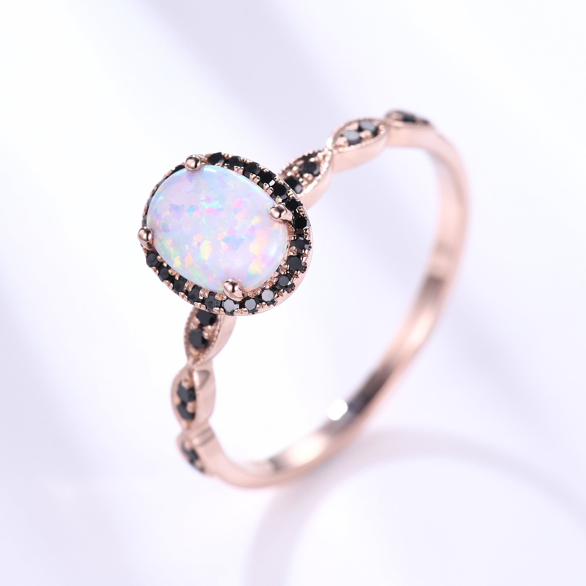 Exquisite Art Deco Opal & Black Diamond Engagement Ring in Rose Gold with Milgrain Detailing - Perfect for Vintage-Inspired Wedding Proposals & Anniversary Gifts