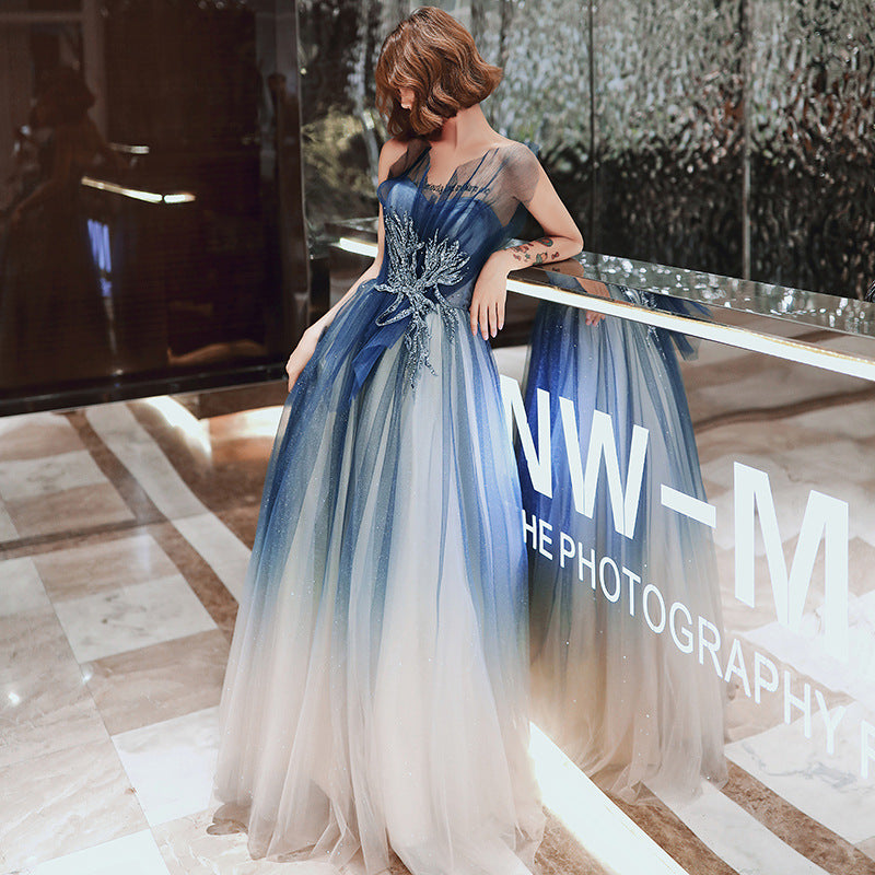 Elegant Blue Gradient A-Line Strapless Long Evening Dress for Women | Formal Gown for Prom, Wedding, Party & Special Occasions