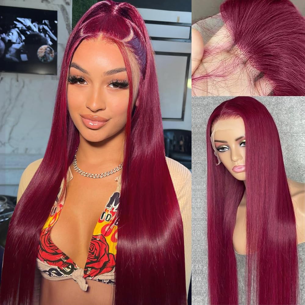 99J Burgundy Lace Front Wigs Human Hair - Brazilian Virgin Hair 180% Density, Glueless Straight 13x4 Lace Frontal Wig with Baby Hair & Pre-Plucked Hairline, 30 Inch for Women - Perfect for Cosplay, Daily Wear, and Special Occasions