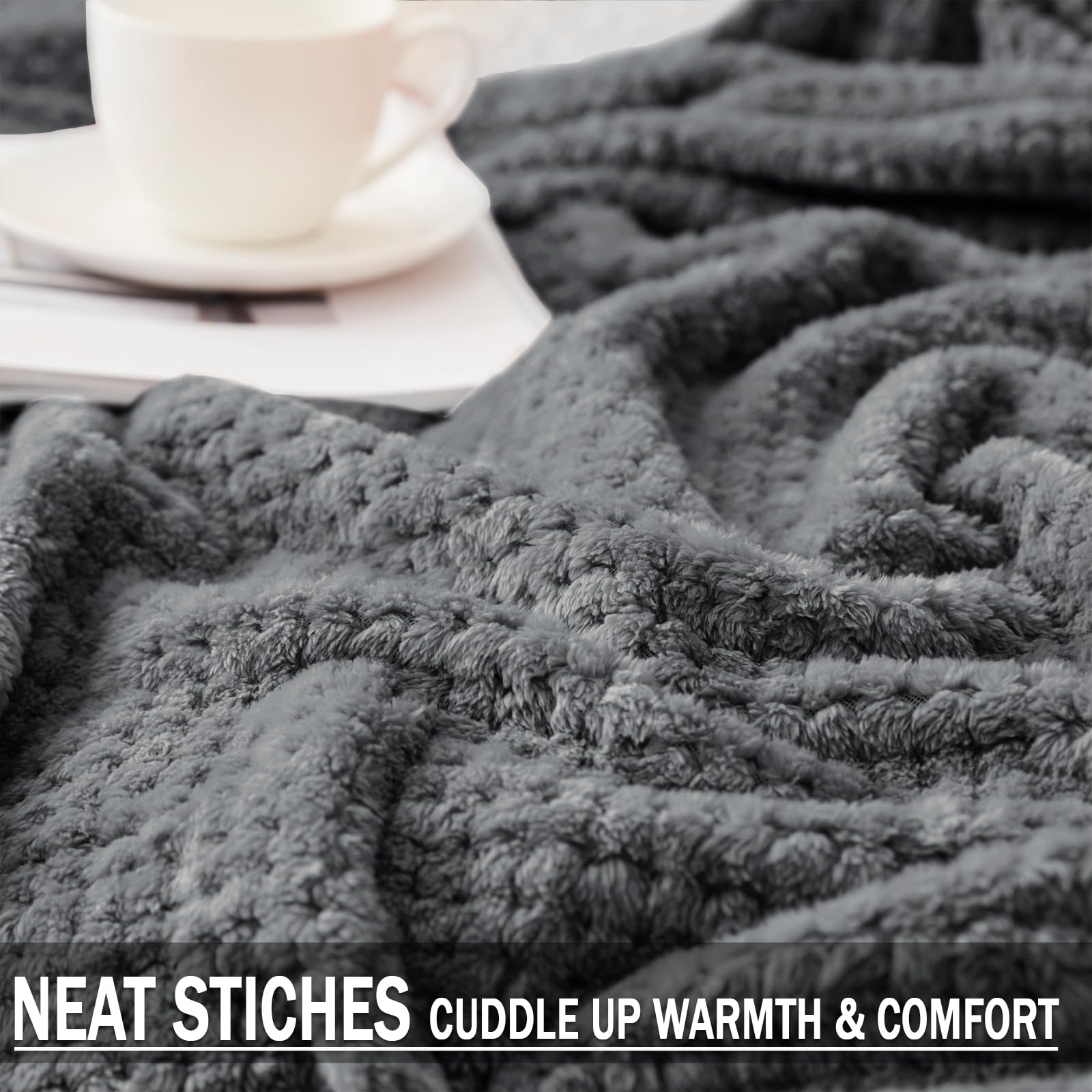 Premium Queen Size Fleece Blend Bed Blanket - Ultra Soft & Warm Waffle Textured Throw for Couch, Sofa & Bed - Cozy, Fuzzy & Lightweight (Dark Grey, 90x90 Inches) - Perfect for Winter Nights, Movie Time & Guest Room Comfort