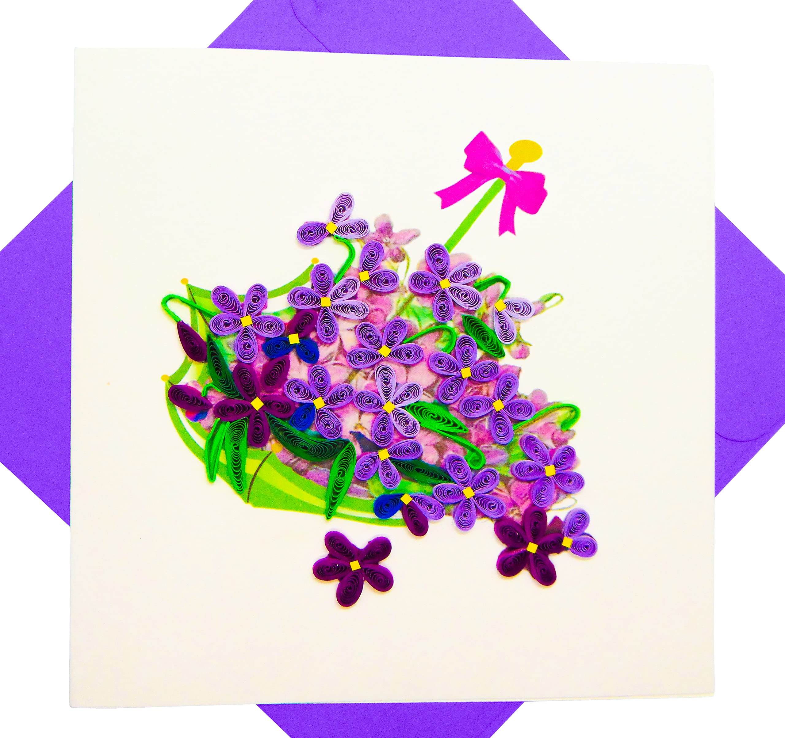 3D Quilled Violet Basket Greeting Card - Handmade Unique Design for Birthday, Valentine's Day, Mother's Day, Father's Day, Graduation, Wedding & Anniversary - Perfect for Spring Celebrations and Special Occasions