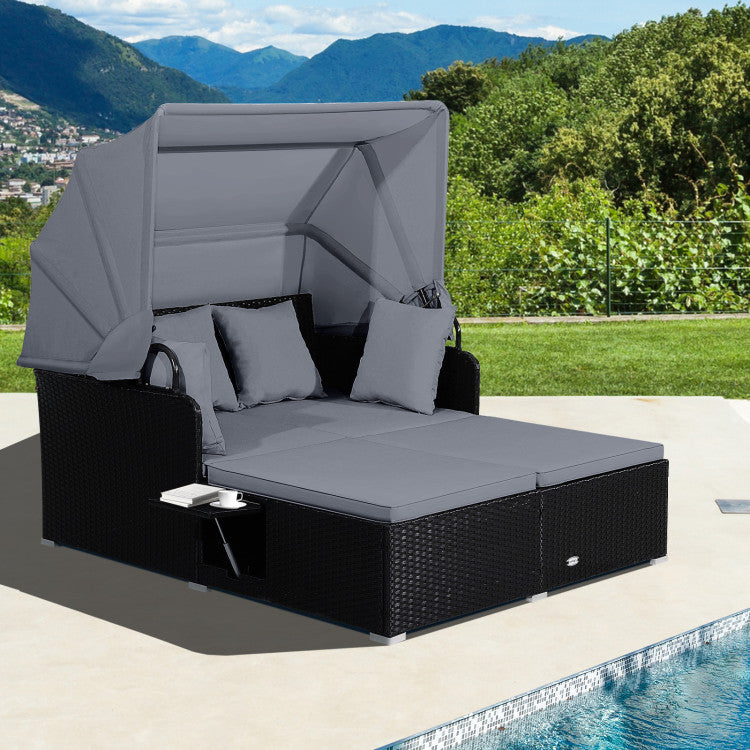 Costway Outdoor Patio Rattan Daybed with Retractable Canopy & Side Tables - Black - Perfect for Poolside Lounging, Garden Relaxation & Backyard Sunbathing