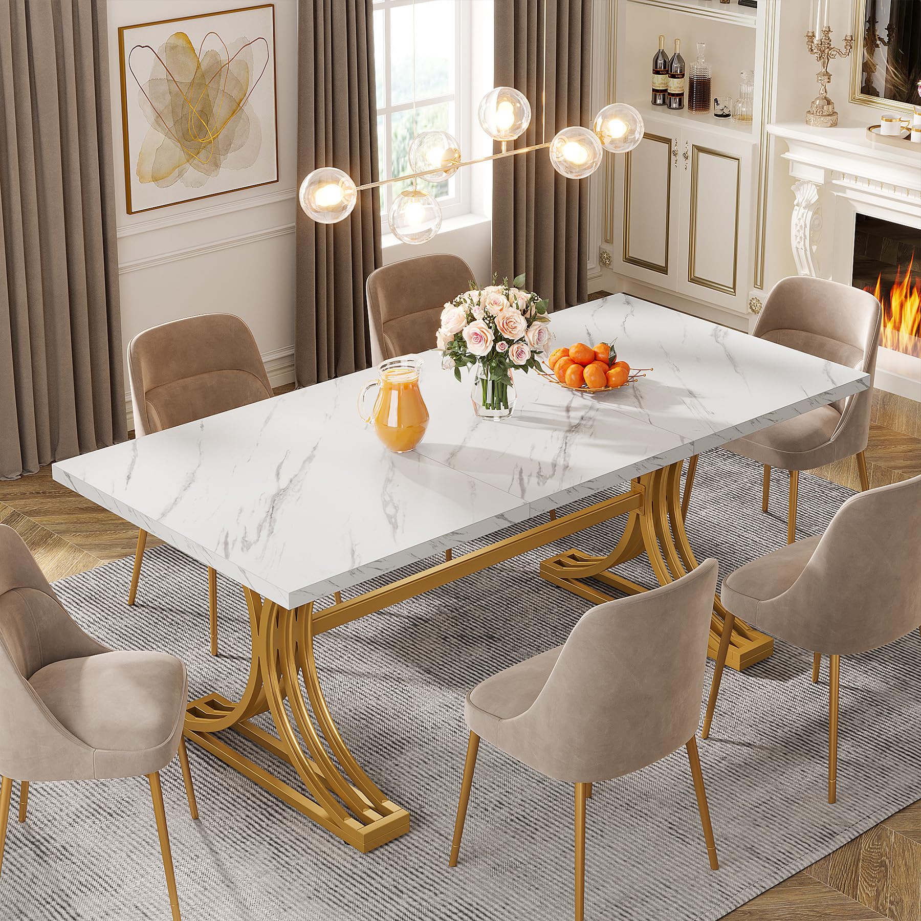 Tribesigns 63-Inch Modern Rectangular Dining Table for 4-6 People - White Faux Marble Top with Gold Metal Legs - Kitchen & Dining Room Furniture for Family Gatherings, Dinner Parties & Home Decor