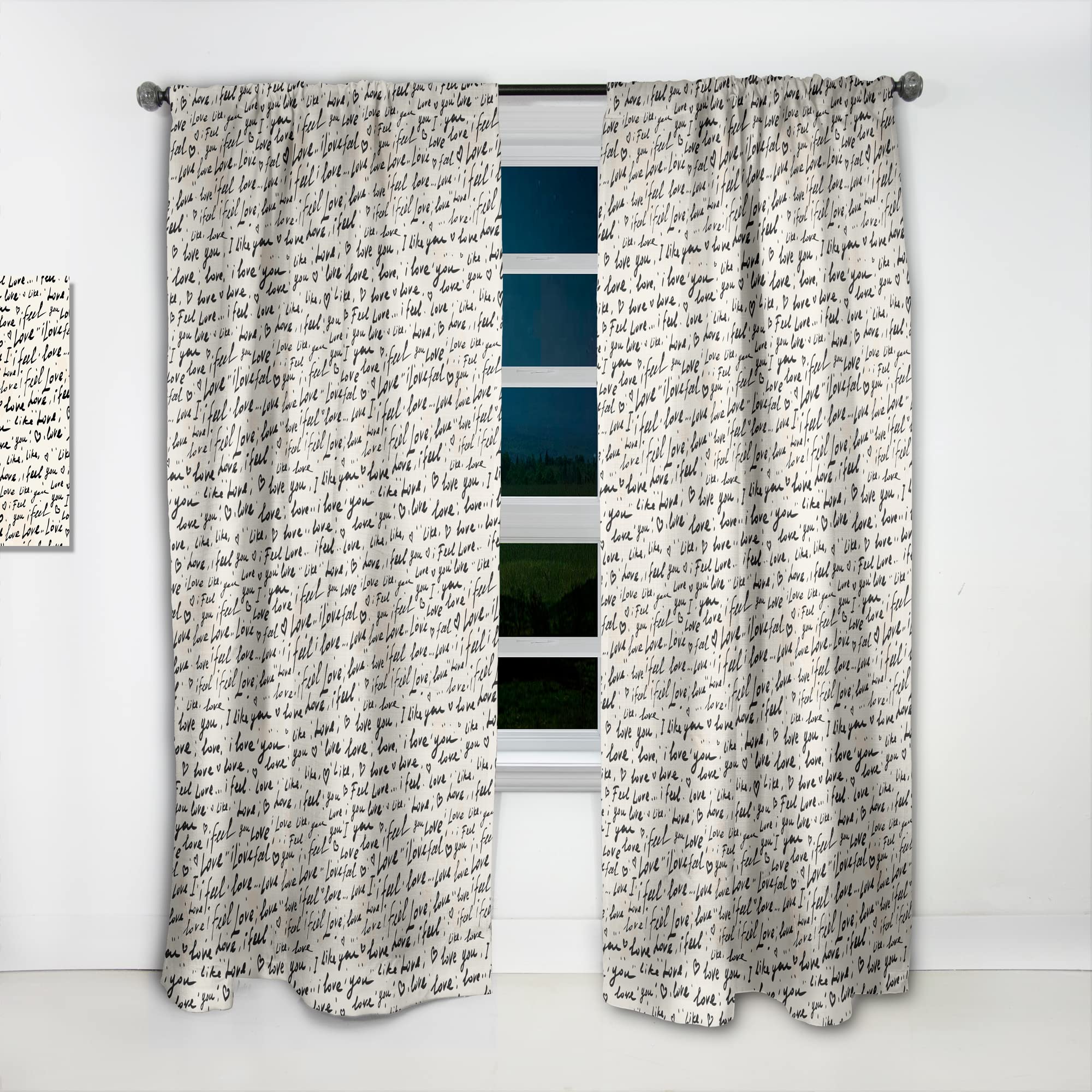 DesignQ 'I Feel Love' Text Pattern Thermal Insulated Curtains - Single Panel 52x90 Inches - Blackout Drapes for Bedroom & Living Room - Perfect for Privacy, Light Control & Home Decor
