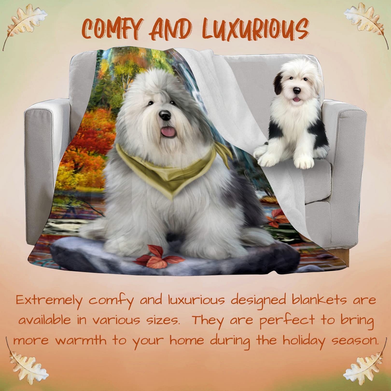 Old English Sheepdog Waterfall Blanket - Lightweight, Soft & Durable Woven Throw (50x60) - Cozy Animal Print Blanket for Sofa, Couch, Bed - Perfect for Home Decor, Gifts & Pet Lovers