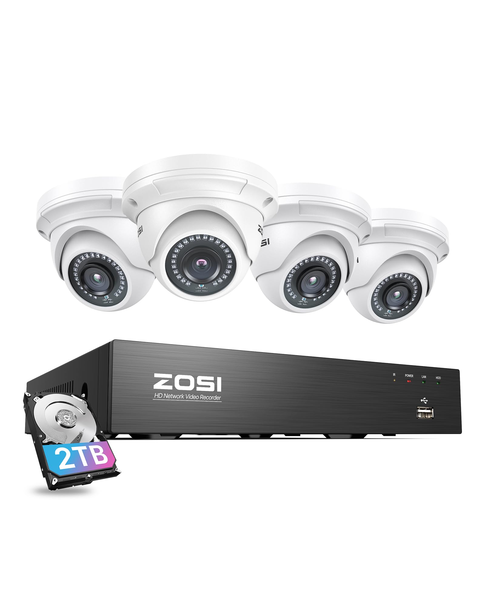 ZOSI 8CH 4K PoE Security Camera System with 2TB HDD - 4x 5MP Outdoor/Indoor IP Dome Cameras, Night Vision, Motion Detection, Remote Viewing, 8-Port 16CH NVR - Ideal for Home & Business 24/7 Surveillance Monitoring