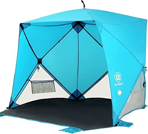 3-4 Person Pop Up Beach Tent - Instant Portable Sun Shelter with UPF 50+ Protection, Easy Setup Travel Canopy & Carrying Bag - Perfect for Family Beach Trips, Camping, and Outdoor Adventures (Blue)