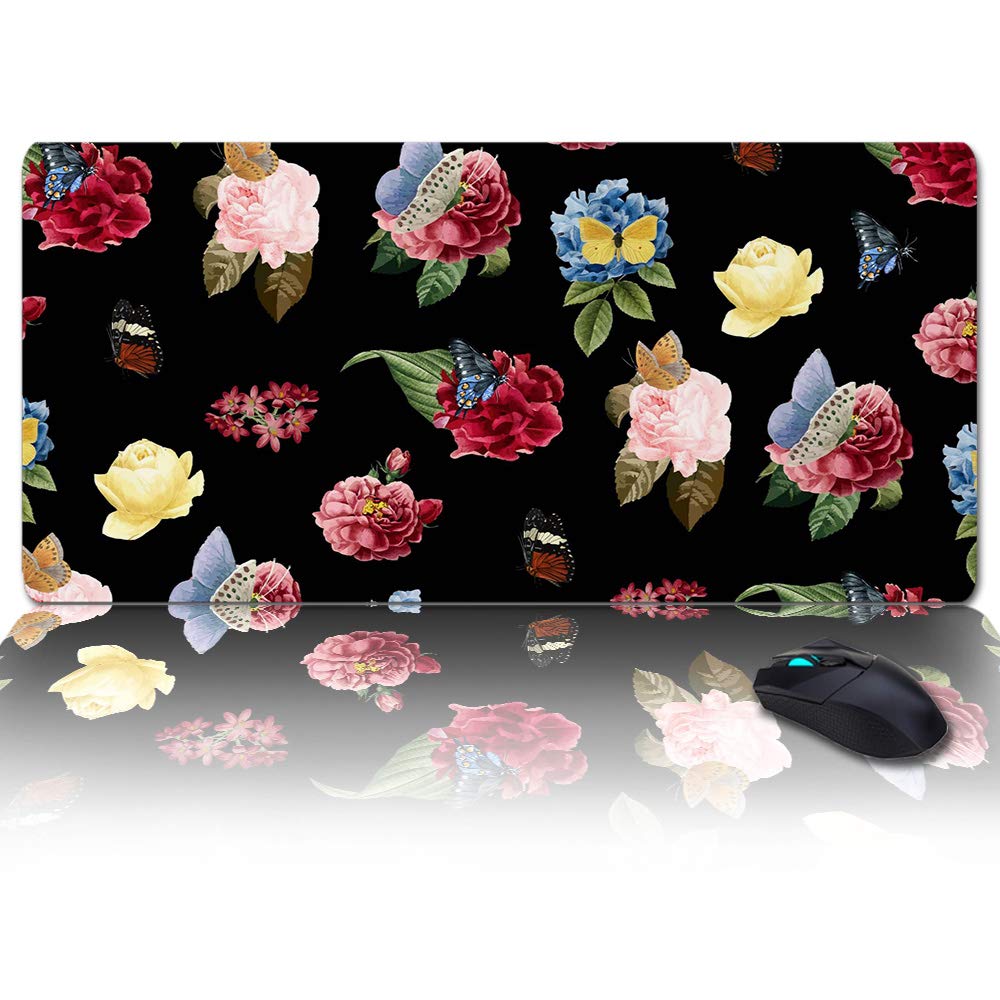 XXL Gaming Mouse Pad - 35x15 Inch Large Desk Mat with Gel Ergonomic Support, Watercolor Flower & Butterfly Design - Perfect for Office, Gaming & Home Workspace Decor - Ideal for Women's Desks, Laptops & PC Setups