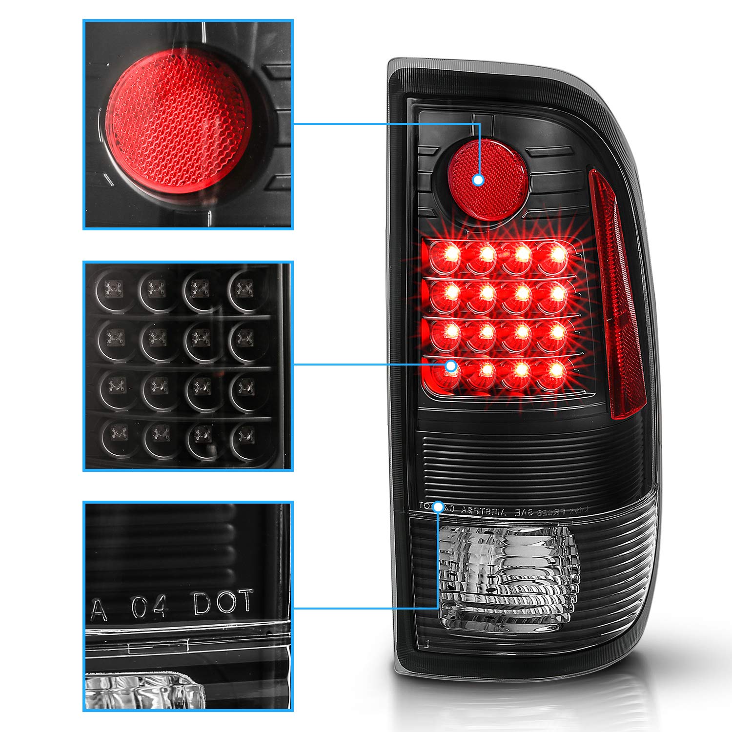 AmeriLite Black LED Brake Turn Signal Tail Lights Pair for 1997-2003 Ford F150 & 1999-2007 F250 F350 - Driver & Passenger Side Set - Upgrade Truck Safety & Style for Night Driving & Towing