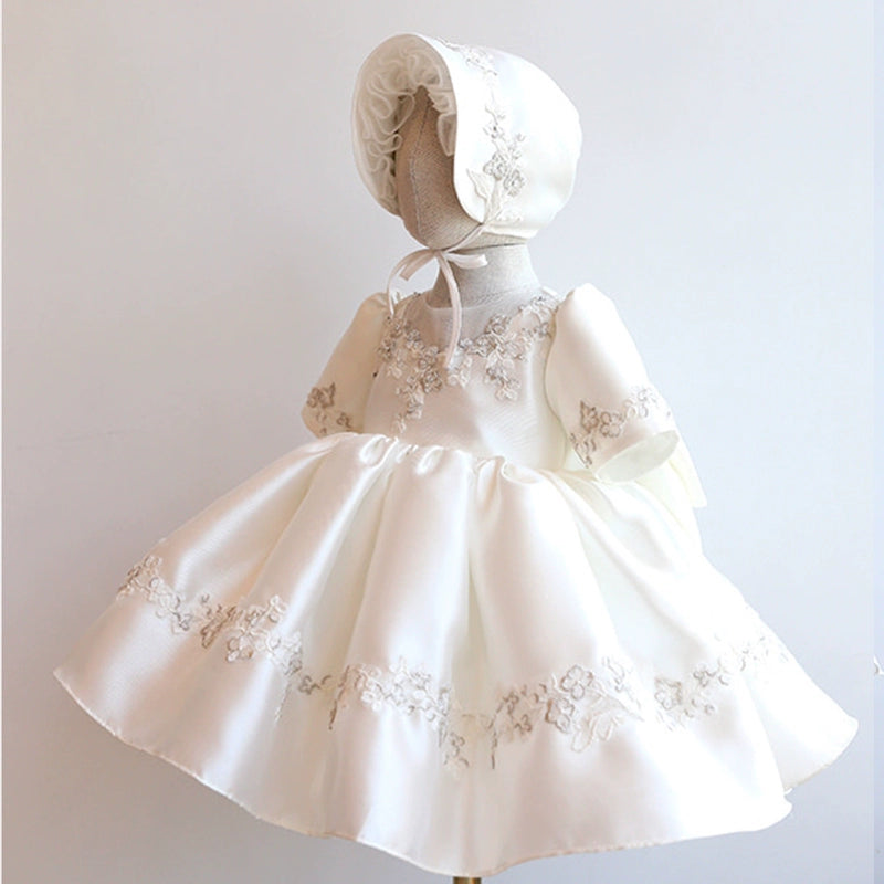 White Princess Round Tea Length Satin Flower Girl Dress - Perfect for Weddings, Birthday Parties & Special Occasions