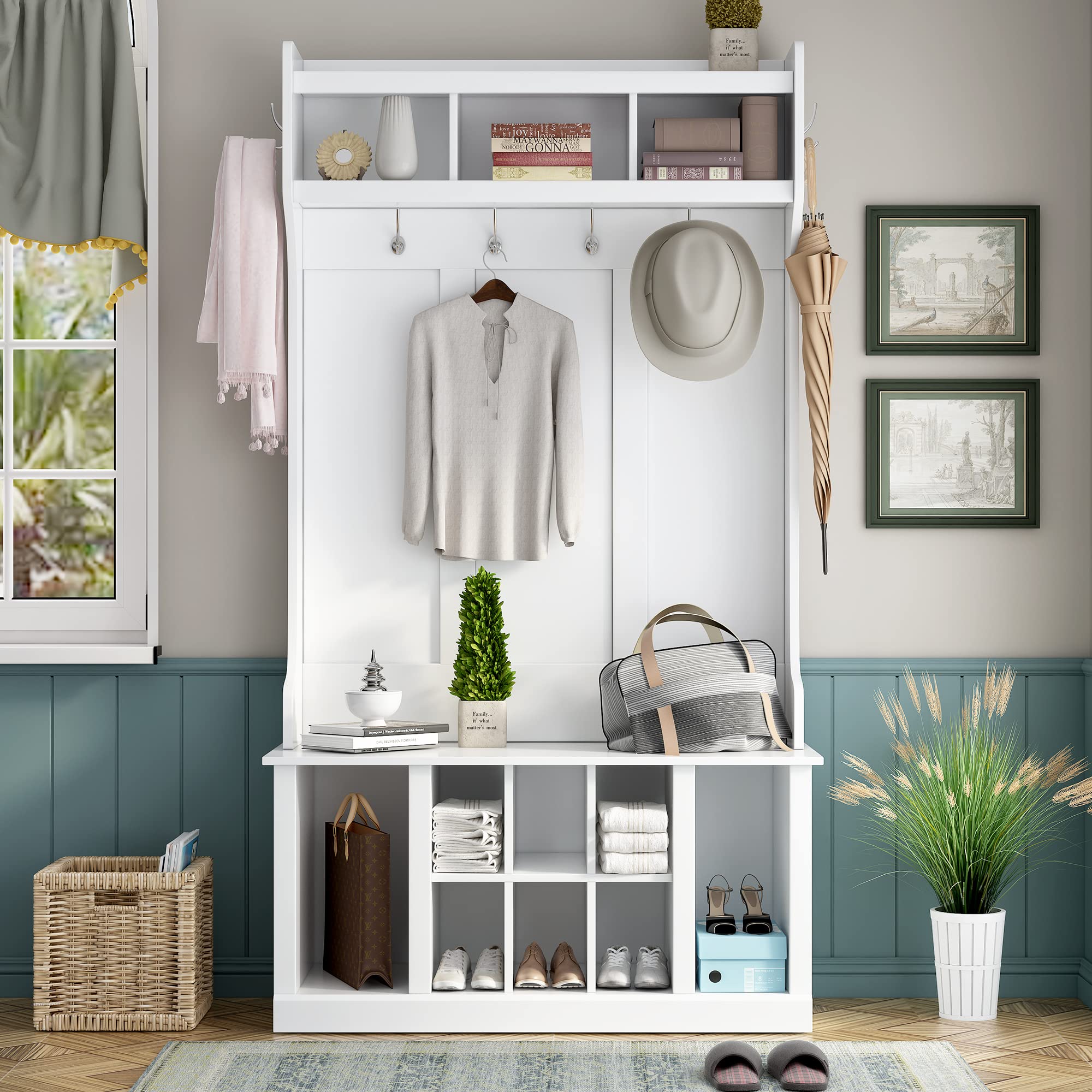 SUNRAR 3-in-1 Hall Tree with Bench, Shoe Storage & Coat Rack - Entryway Organizer with 6 Hooks, White - Perfect for Mudroom, Foyer & Hallway Organization | Space-Saving Furniture for Shoes, Coats & Accessories